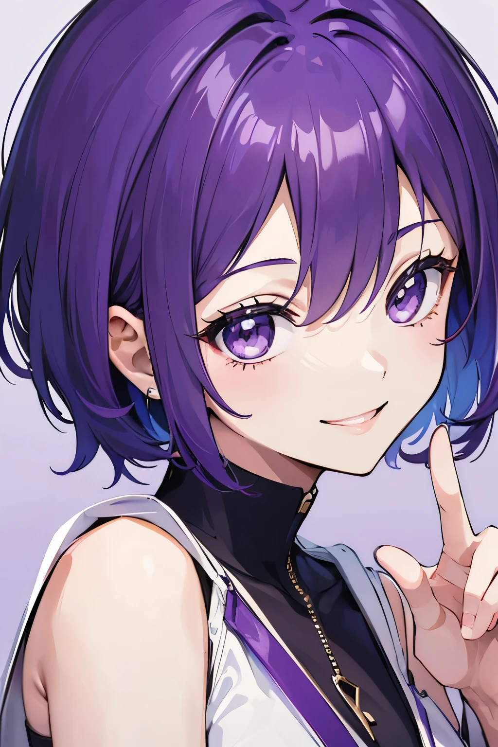 (T Masterpiece,4k wallpaper,best quality))、((girl1people))、(solo)、Brilliant,(purple hair)、(shortcut:1.3)、(smile:1.3)、close up of face