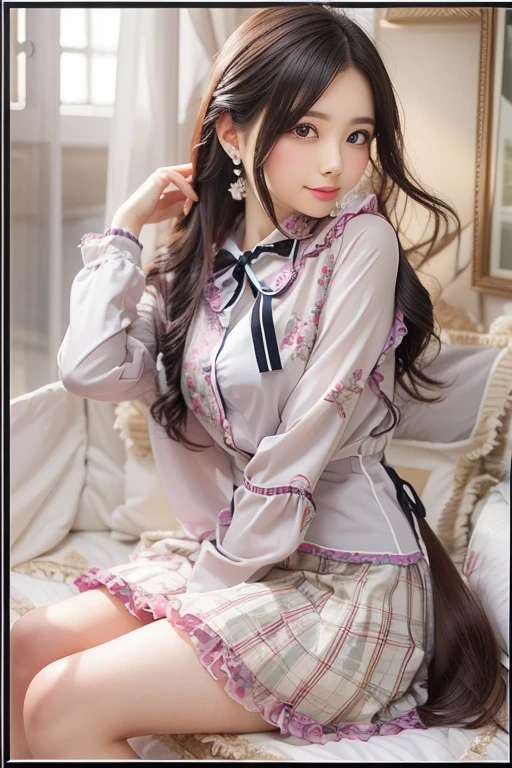 master piece、highest quality、detailed、blouse、skirt、sitting、((Contrasting eyes)),（from the front）、bedroom、indoor