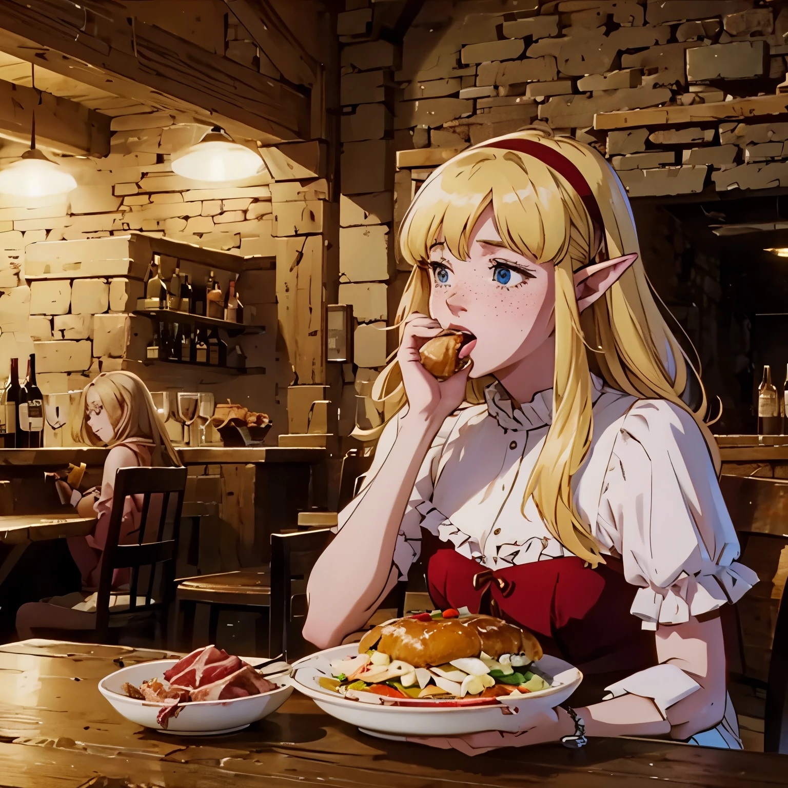 a beautiful blonde woman with elf ears and freckles, Eating a big piece of meat in a bar