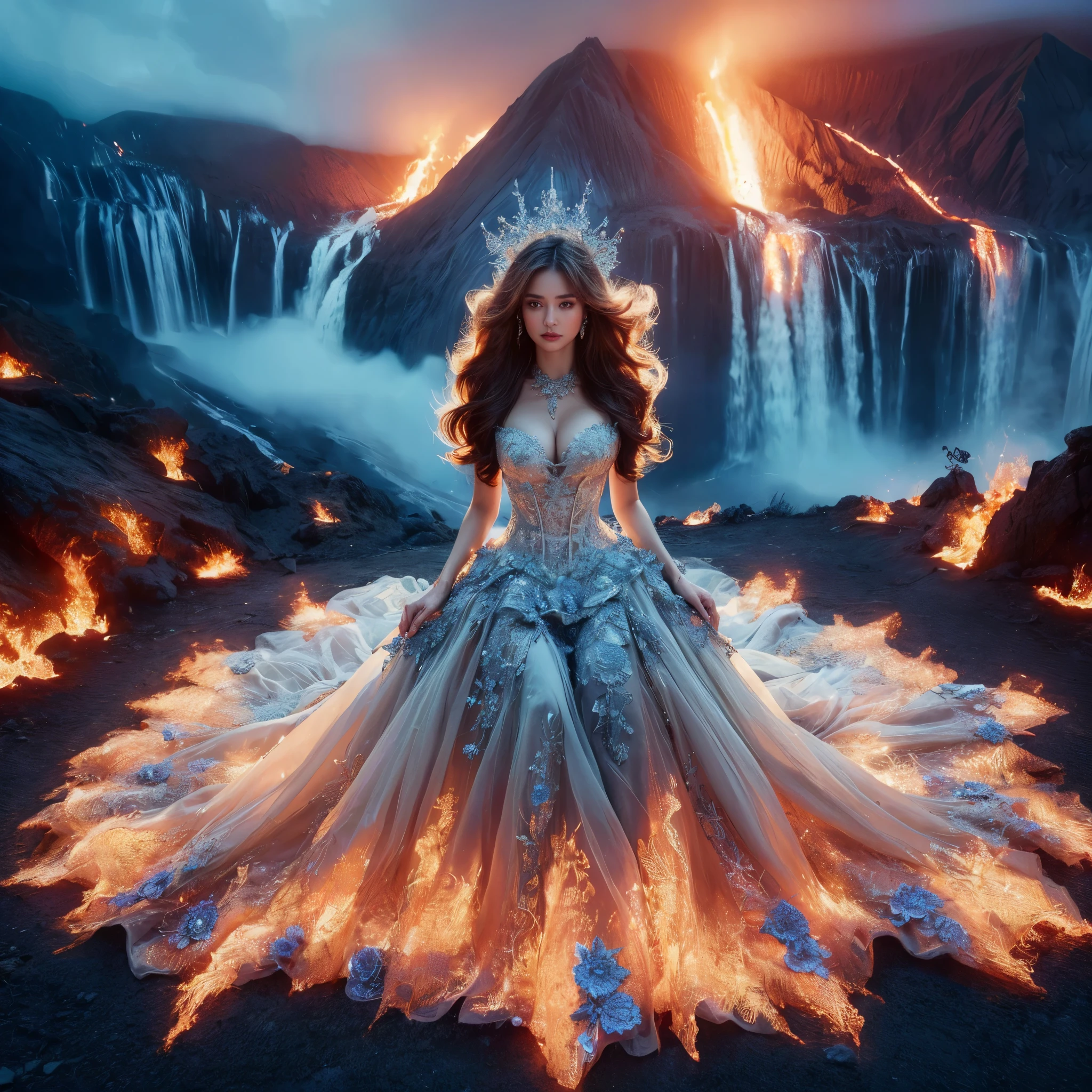 arafed woman with bustier gigantic breast in a flame corset and flame dress in front of a building, wearing an ornate outfit, ornate dress, intricate dress, elegant flame corset, ornate and elegant, extravagant dress, inspired by Hedi Xandt, ornate attire, intricate outfit, ornate royal gown, ornate clothing, ornate gown, intricate and elegant, intricate detailed dress, ornate , royal dress, detailed hand, detailed finger, masterpiece, best quality:1.2),,(8k,highres,RAW photo,realistic,photo-realistic:1.3),(detailed skin texture,detailed cloth texture,beautiful detailed face:1.25),professional lighting,photon mapping,beautiful soft light,radiosity,physically-based rendering,raytracing, model shoot style, model shoot style, (extremely detailed CG unity 8k wallpaper), full shot body photo of the most beautiful artwork in the world,
