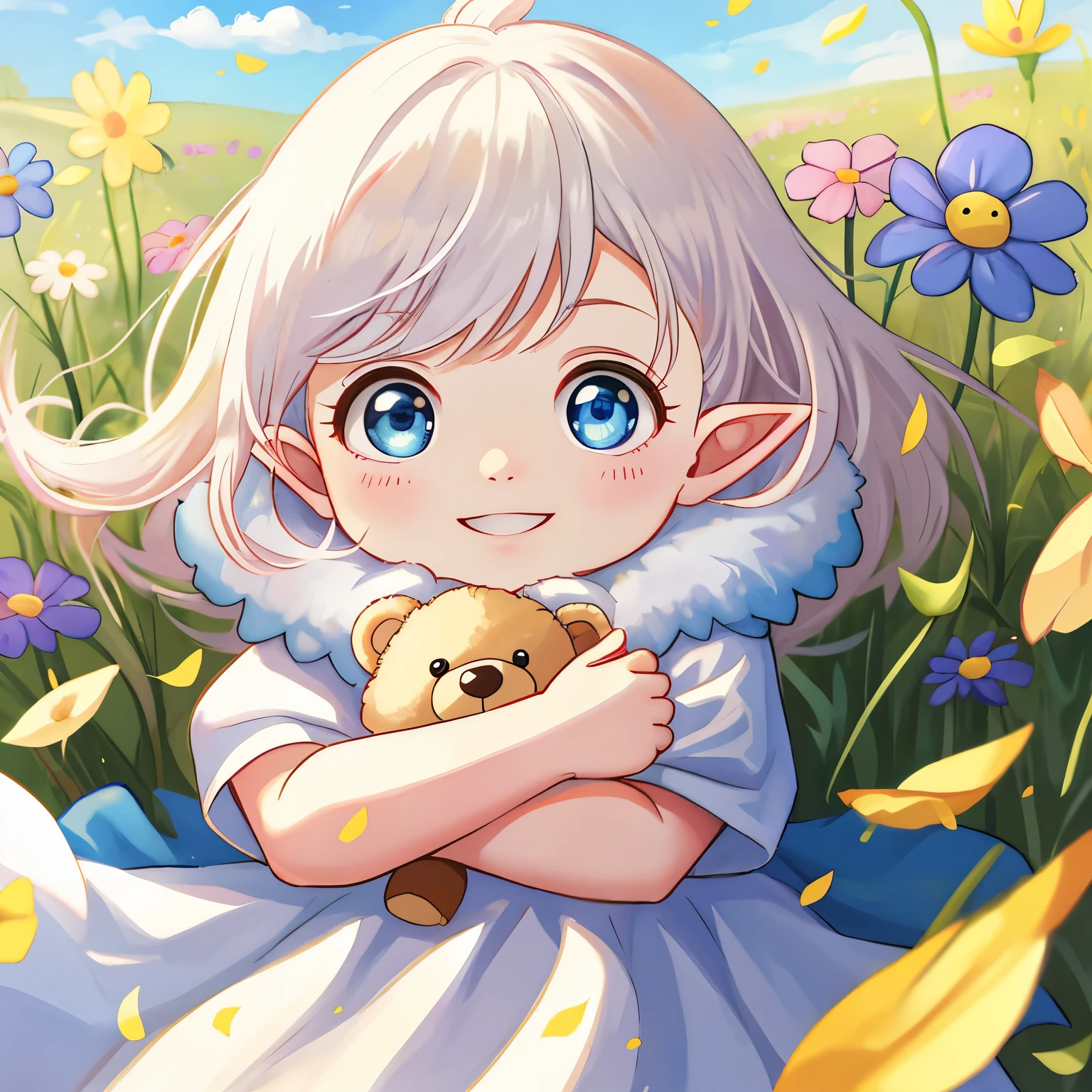 (high-quality, breathtaking),(expressive eyes, perfect face) 1girl, female, newborn baby, pointed ears like an elf, white hair, short fluffy hair, teddy bear toy, age 5 months, baby in the grass, flower petals blowing in the wind, field of flowers, sky background, clothes white and blue dress with patterns, spy x family art style, beautiful detailed background, adorable smile, ponytail
