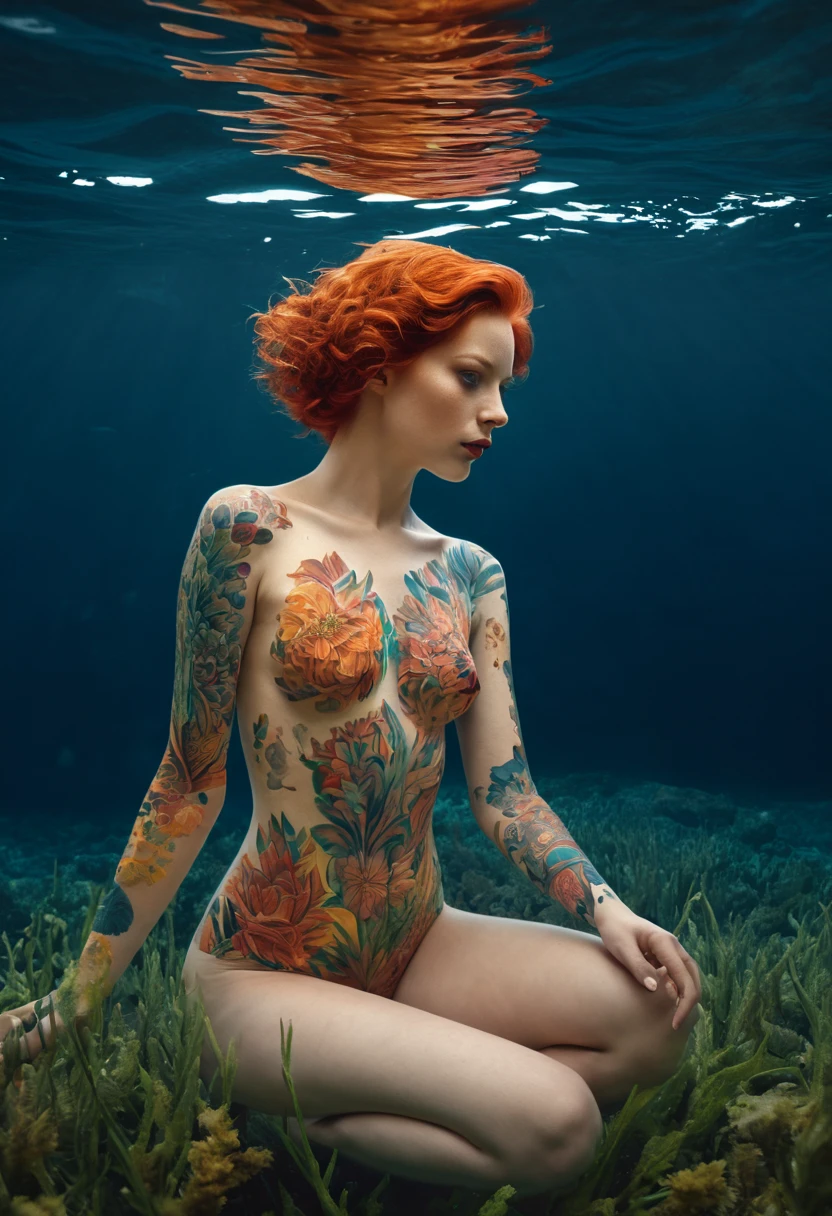 Hyper realism and Nude genre fusion of the styles Richard Kern. Redheaded Svetlana Maltseva In Stunning full colour body art designs with vibrant and intricate patterns. The body art is to cover the whole body including thighs ankles forearms, showcasing a range of colours and designs that are both eye-catching and artistically challenging. The designs incorporate elements of nature such as floral patterns, ocean waves and celestial bodies intertwined with abstract shapes and symbols. The design is highly detailed, with each element carefully considered to create a harmonious and visually striking composition. The overall effect should be spectacular with beauty, creativity and celebration of colour and form. a composition that thrives in the surrounding shadows and atmospheric, dramatic dark luminosity akin to a poster of a matte painting aligned with a golden section, filled with detail rivaling the octane rendering envisioned in 8K resolution, photorealistic conceptual art bathed in soft, underwater, photorealism, Cinematic lighting. 