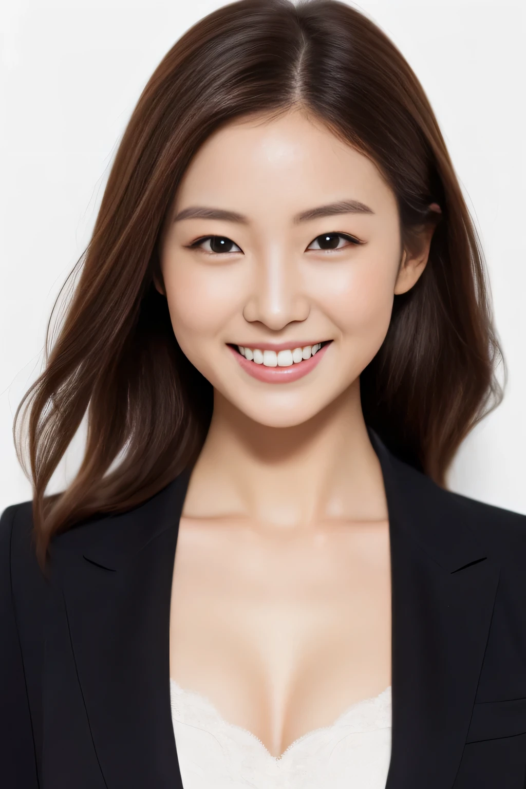 The face is a hostess、Please wear a jacket suit、high quality、surreal、healthy、smile、Perfect slender figure、beauty of japan、beautiful eyes、perfect face、beautiful skin、white background