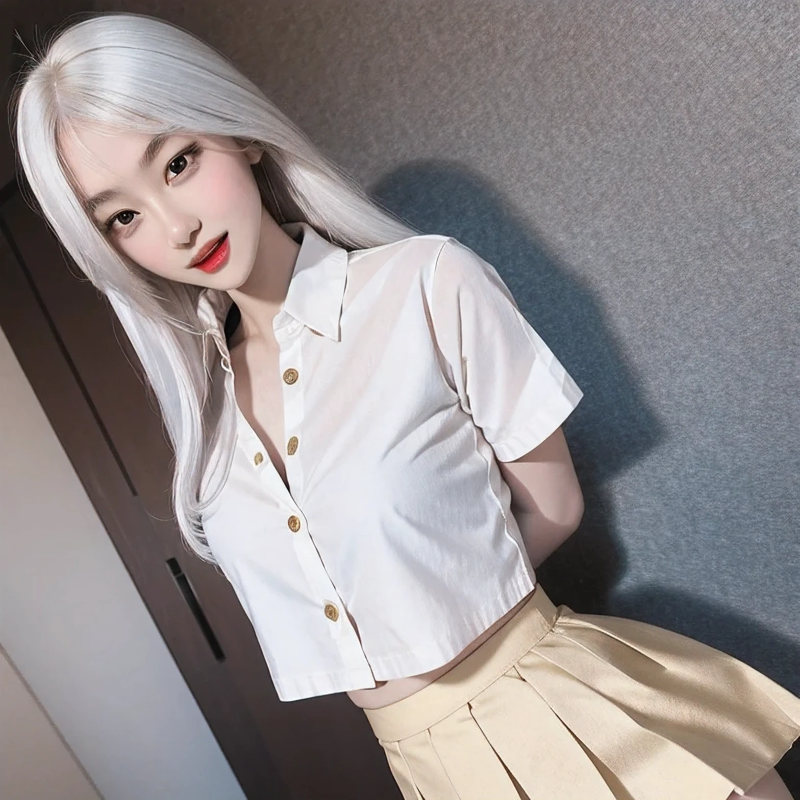 ((masterpiece, best quality)), (1girl), (solo), (female focus), (ahoge, white hair, very long hair), gold eyes, light smile, open mouth, ((white shirt), (buttoned shirt), (button gap)), ((black skirt), (short skirt)), standing, white background, arms behind back, dynamic angle,