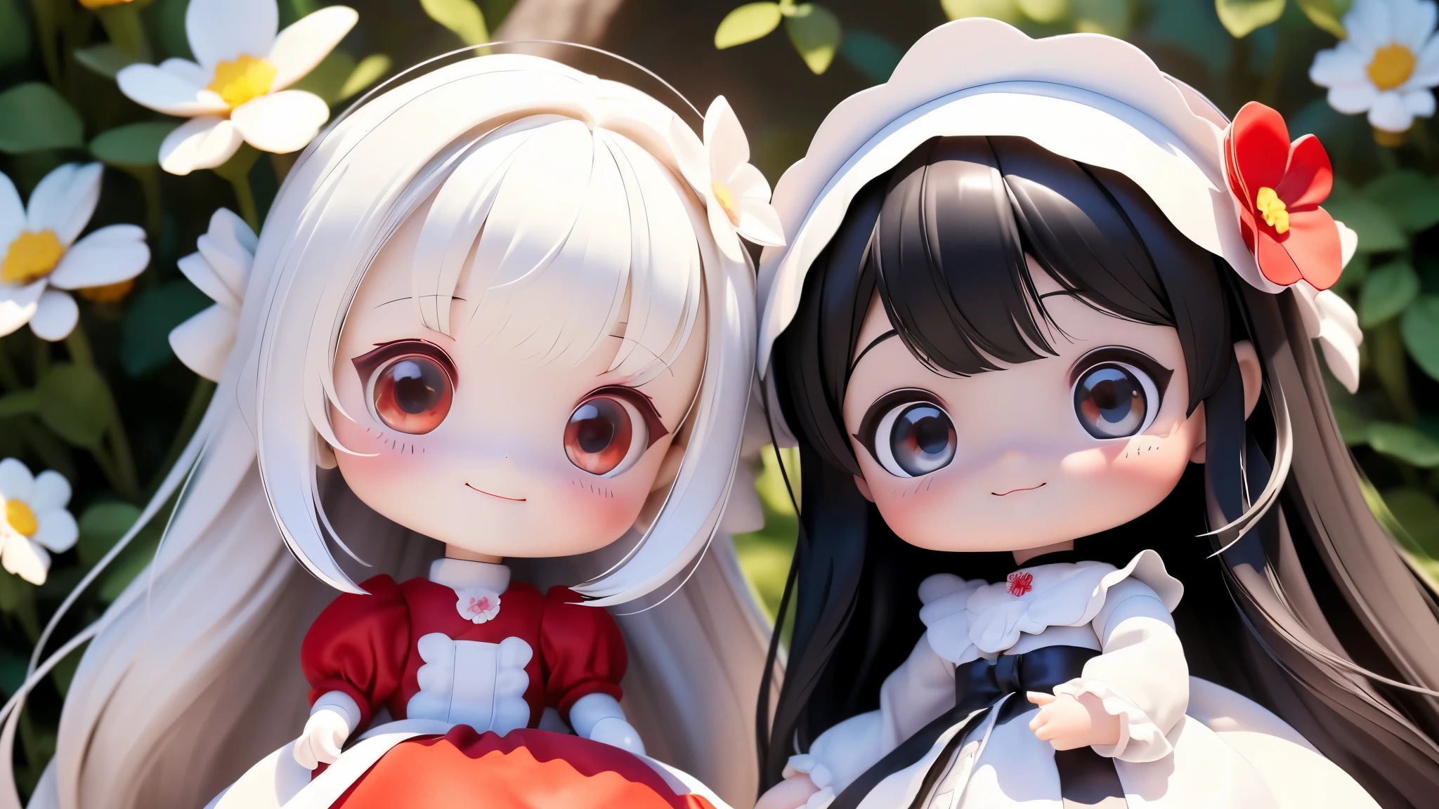 Photoreal、((Use white, black, and red))、doll、((dollの柔らかさを強調))、smile、eye up、In a cute pose、look up、look up、put your hands out in front of you、There are flowers in the front too...、wear cute shoes、season!!: summer ☀ 🍂