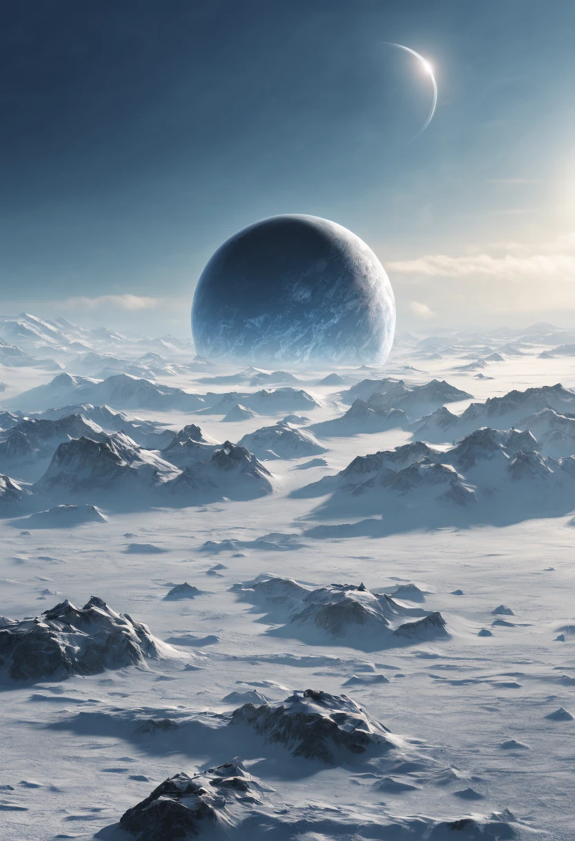 Ice planet, distant view, small floating meteorite, science fantastic image, highest quality image.