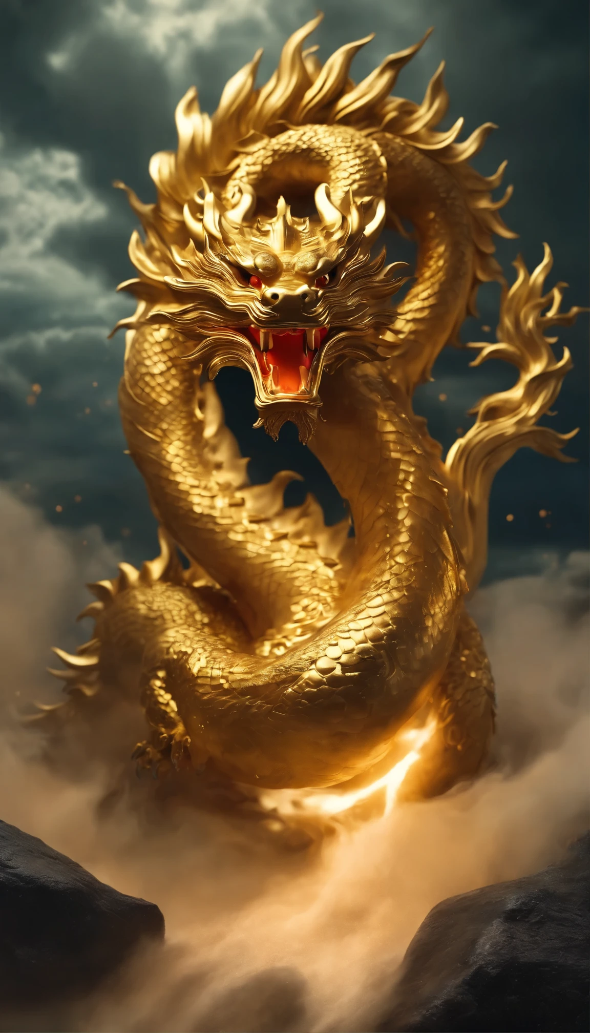 A Chinese dragon falls from the sky,golden body, Sprinkle gold,Colorful clouds,Domineering and mighty, High quality, resin style, fairytale-like, best quality, photography style,Backshot,Three-dimensional ancient style, three-dimensional,illumination,Flat Ultra HD, detail, 高清的detail, bioluminescence,