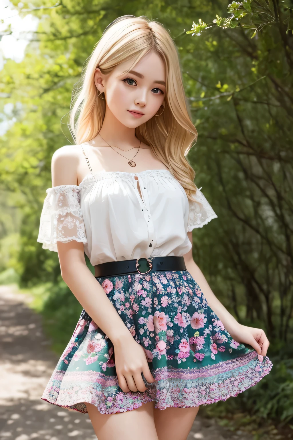 floral dresses and bohemian skirts、Short blonde beauty、The background is a forest