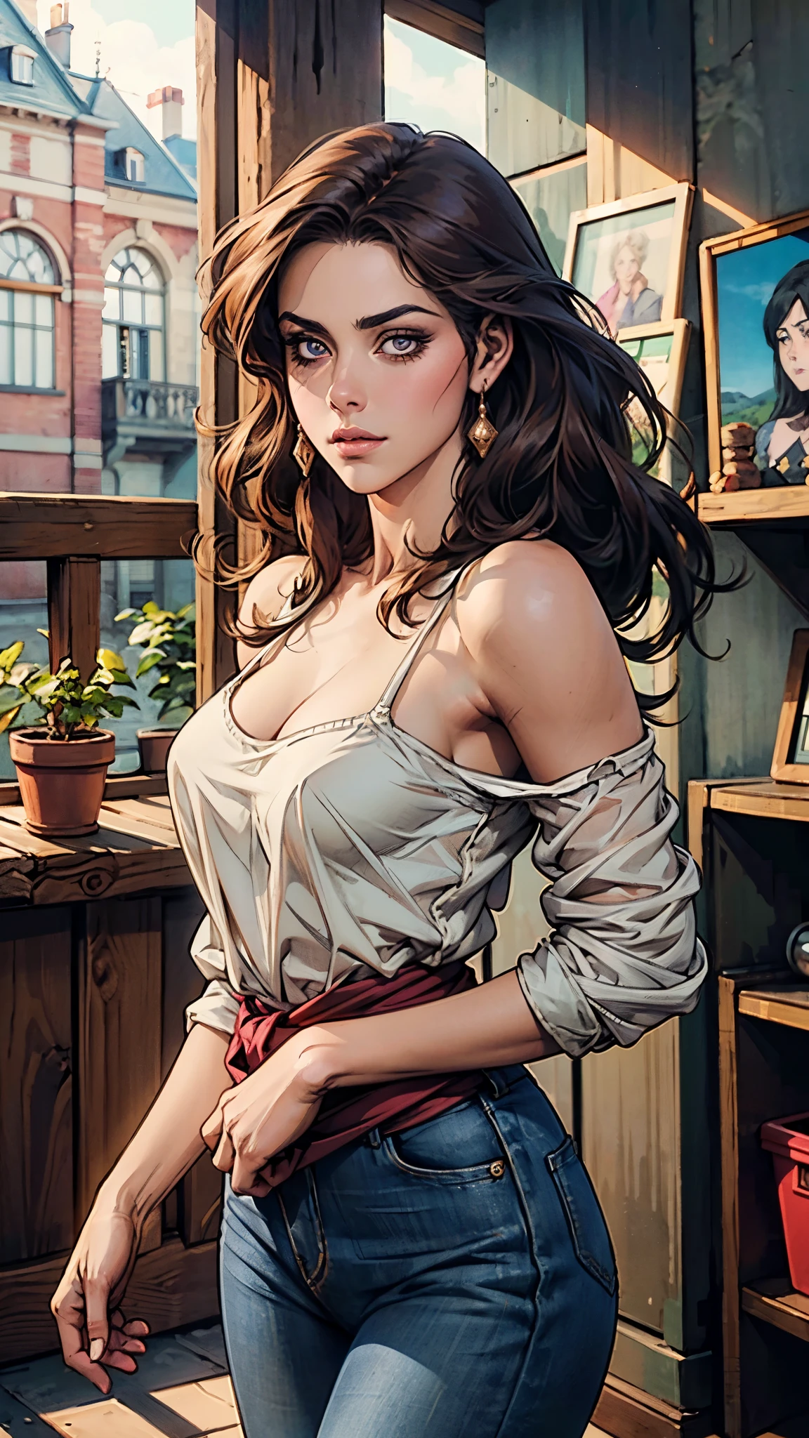 A woman with light brown long hair, a delicate face, a blank look in her eyes, a slender and firm dancer's figure, a fantasy-realistic style outfit, she ties a French shirt at her chest, revealing her graceful waistline, she wears tight jeans on her lower body, a flowing skirt is gracefully tied around her waist, she walks leisurely in a fantasy-style town, this character embodies a finely crafted fantasy-realistic style female dancer in anime style, exquisite and mature manga art style, beautiful woman, high definition, best quality, highres, ultra-detailed, ultra-fine painting, extremely delicate, professional, anatomically correct, symmetrical face, extremely detailed eyes and face, high quality eyes, creativity, RAW photo, UHD, 8k, Natural light, cinematic lighting, masterpiece-anatomy-perfect, masterpiece:1.5