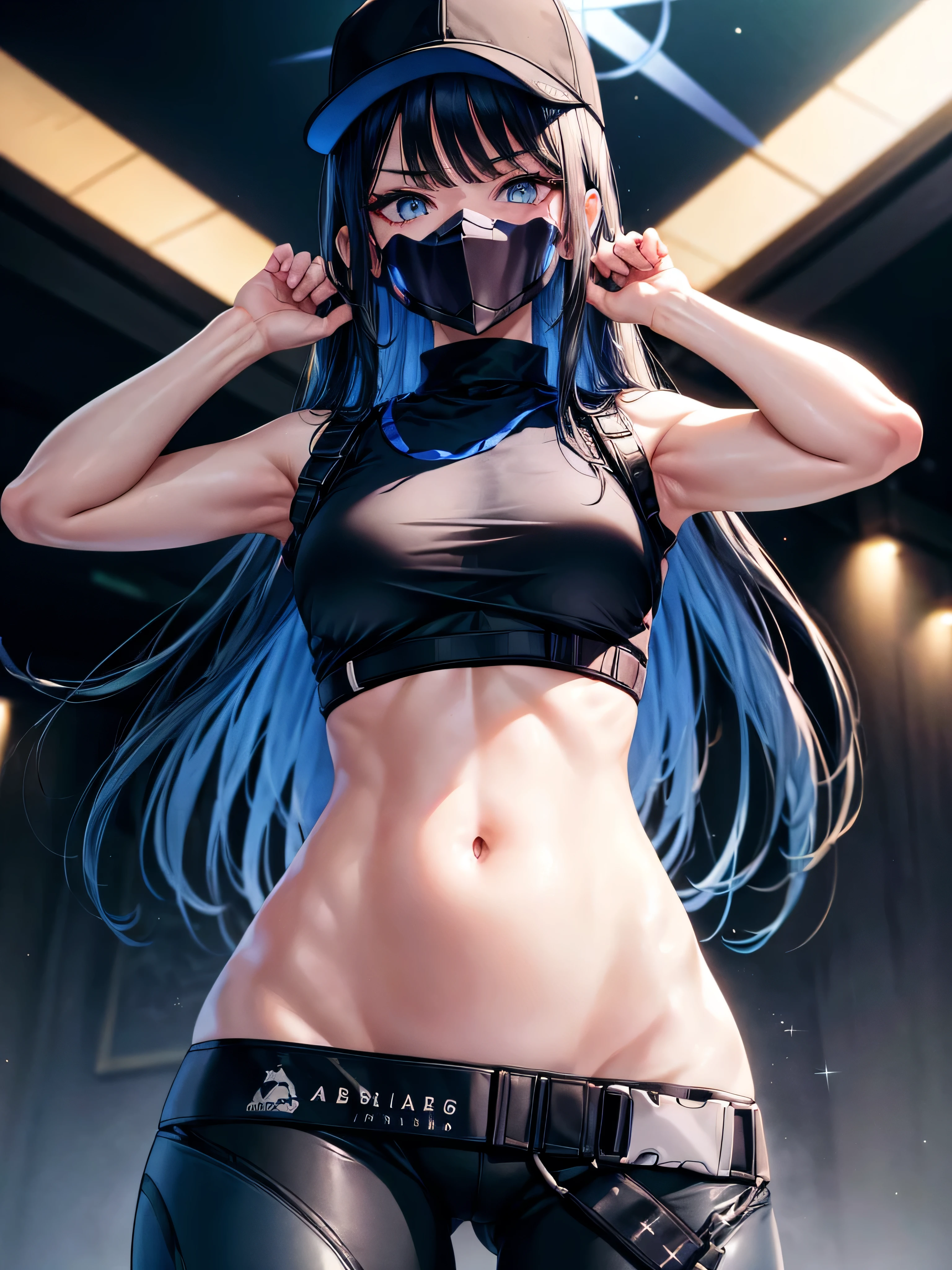 masterpiece,extremely detailed,1girl,solo,(saori \(blue archive\):1.15),(mouth mask),detailed sparkling eyes looking at camera,bedazzling eyes watching you,sexy stretch,detailed close up on abdomen,(visible hip bones),bare stomach gleaming with sweat,(zoom in on navel),exposed hips,(long midriff:1.2),extremely detailed midriff,sexy tummy,bare stomach,hands overhead,arms raised all the way up,exposed hip bones,beautiful blue eyes watching you in disappointment,(black pants pulled down below waist:1.2),black crop top,armpit,long hair,black hair,black baseball cap,halo,underboob,white background,cinematic glitter,high res,4K,high quality,trending on pixiv