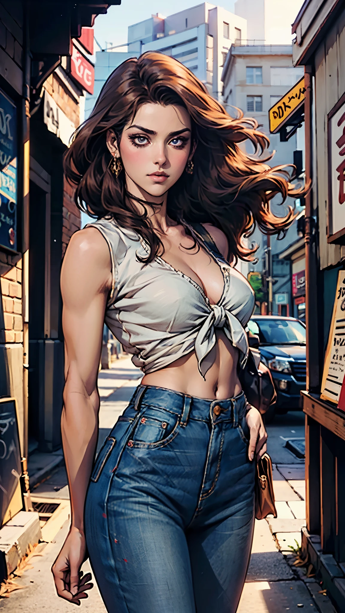 A woman with light brown long hair, a delicate face, a blank look in her eyes, a slender and firm dancer's figure, a fantasy-realistic style outfit, she ties a French shirt at her chest, revealing her graceful waistline, she wears tight jeans on her lower body, a flowing skirt is gracefully tied around her waist, she walks leisurely in a fantasy-style town, this character embodies a finely crafted fantasy-realistic style female dancer in anime style, exquisite and mature manga art style, beautiful woman, high definition, best quality, highres, ultra-detailed, ultra-fine painting, extremely delicate, professional, anatomically correct, symmetrical face, extremely detailed eyes and face, high quality eyes, creativity, RAW photo, UHD, 8k, Natural light, cinematic lighting, masterpiece-anatomy-perfect, masterpiece:1.5