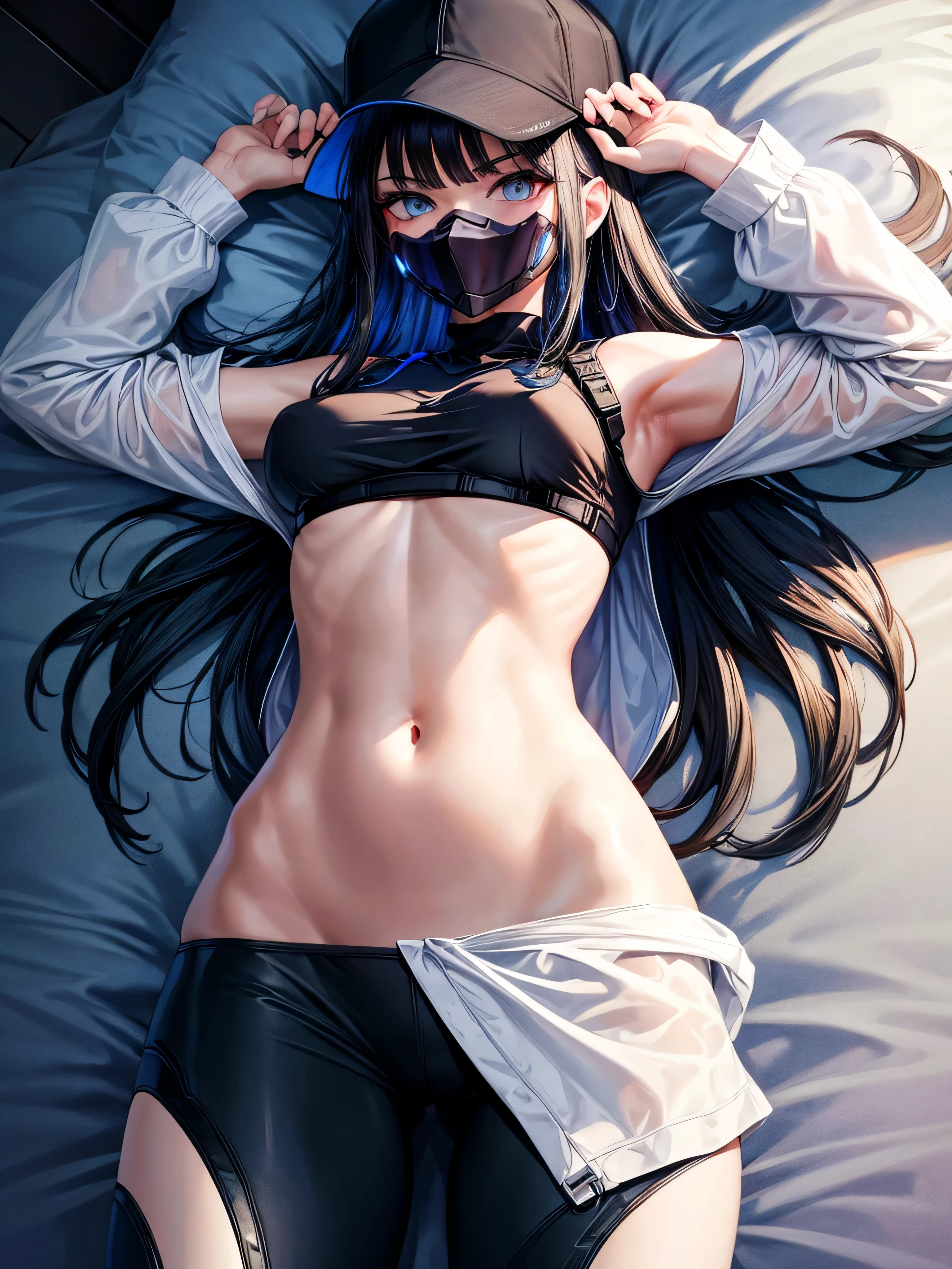 masterpiece,extremely detailed,1girl,solo,(saori \(blue archive\):1.15),(mouth mask),(sprawled on bed:1.1),detailed sparkling eyes looking at camera,bedazzling eyes watching you,sexy stretch,detailed close up on abdomen,(visible hip bones),bare stomach gleaming with sweat,(zoom in on navel),exposed hips,(long midriff:1.2),extremely detailed midriff,sexy tummy,bare stomach,hands overhead,arms raised all the way up,exposed hip bones,beautiful blue eyes watching you in disappointment,(black pants pulled down below waist:1.2),black crop top,armpit,long hair,black hair,black baseball cap,halo,underboob,white background,cinematic glitter,high res,4K,high quality,trending on pixiv