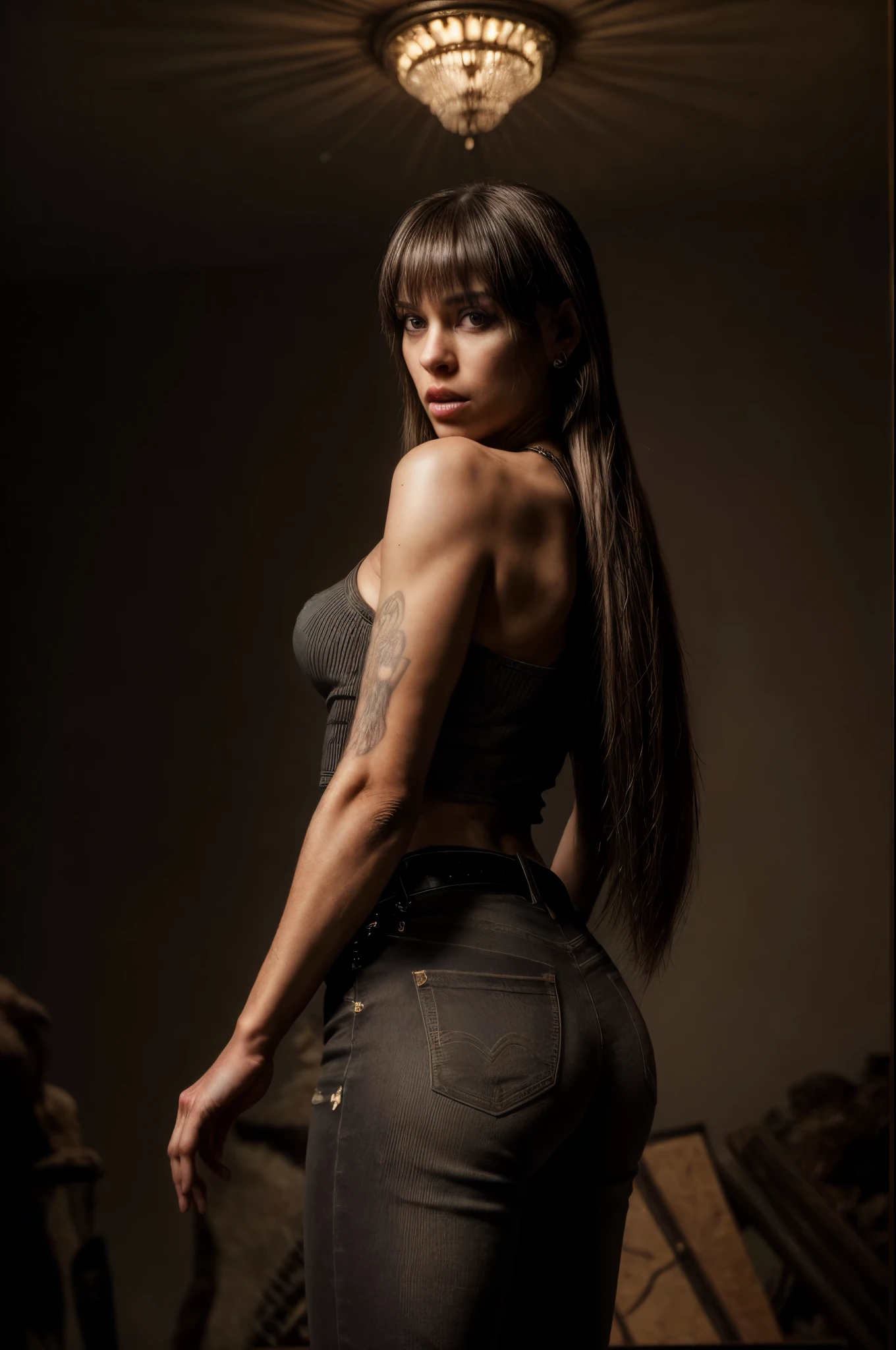 ((Full body woman inside a taxidermy shop)),photo,(masterpiece:1.3),(best quality,ultra detailed:1.1),intricate,professional photography,professional lighting,HDR,(((photo realistic,ultra realistic,photorealistic))),beautiful and aesthetic,looking to the viewer,looking gorgeous,photo of beautiful 30 yo mixed-race woman, high quality, dramatic, cinematic, (brushed straight hair:1.2)), (scar, bandage:0.5), break, dynamic angle, full-length from behind, faded jeans with leather belt, lounge tshirt, RAW photo,(masterpiece:1.3),(best quality,ultra detailed,intricate),professional photography,professional lighting,HDR,High Dynamic Range,(((photo realistic,ultra realistic,photorealistic))),beautiful and aesthetic,looking to the viewer,looking gorgeous,photo of beautiful woman, high quality, dramatic, cinematic, (shoulder length hair behind ears:1.2)), messy bangs, giant taxidermy animals, face to face taxidermy, polar bear, wolf taxidermy, extremely realistic fur, giants sheltering her body, animals seem to protect her, intricate ornate structures, half finished, radiating, the night sky, deep dark shadows, hide new seasons, the woman is aware and watching us