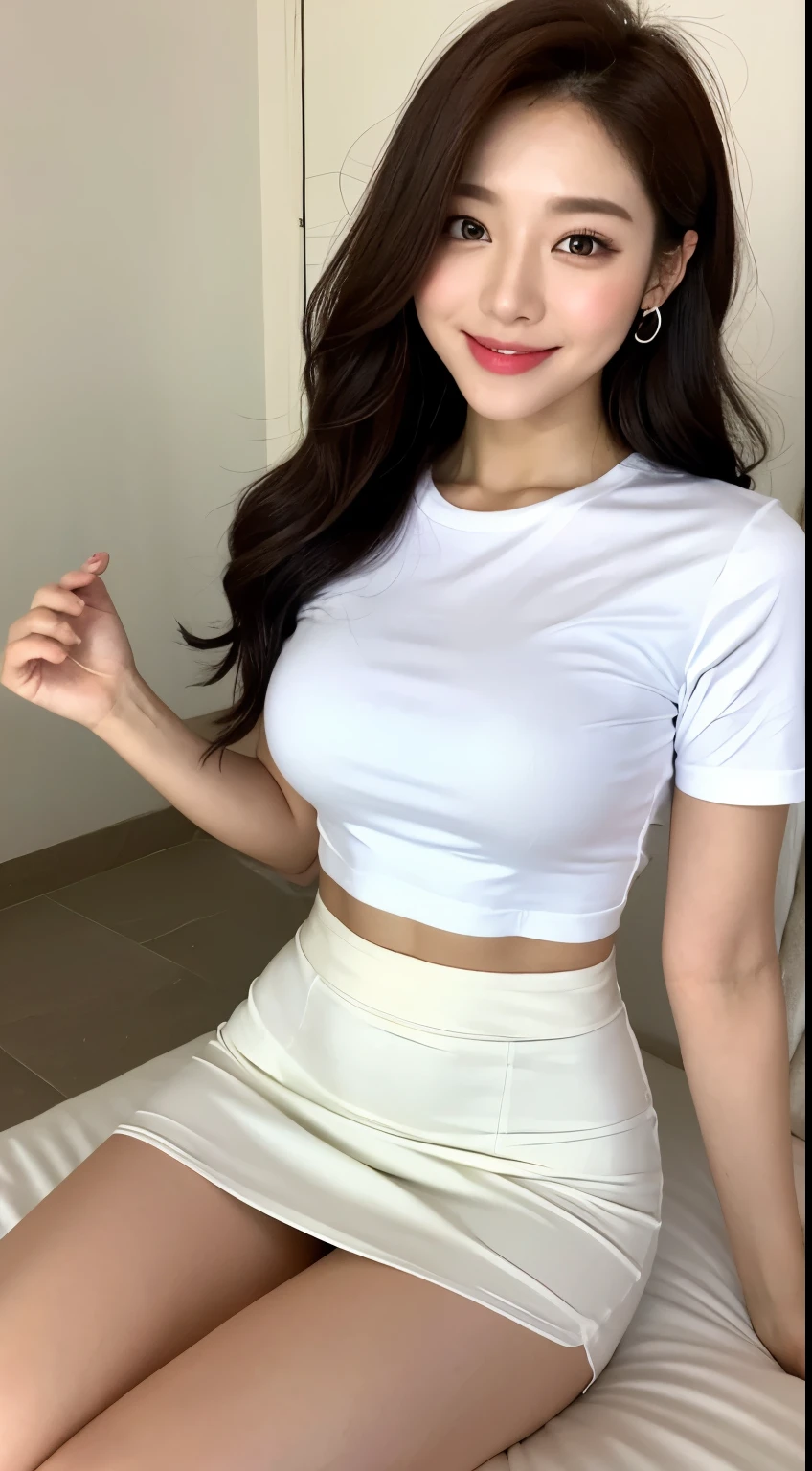 White tight shirt、White tight mini skirt、bed、smile、short sleeve、high resolution、Hallyu Idol Face