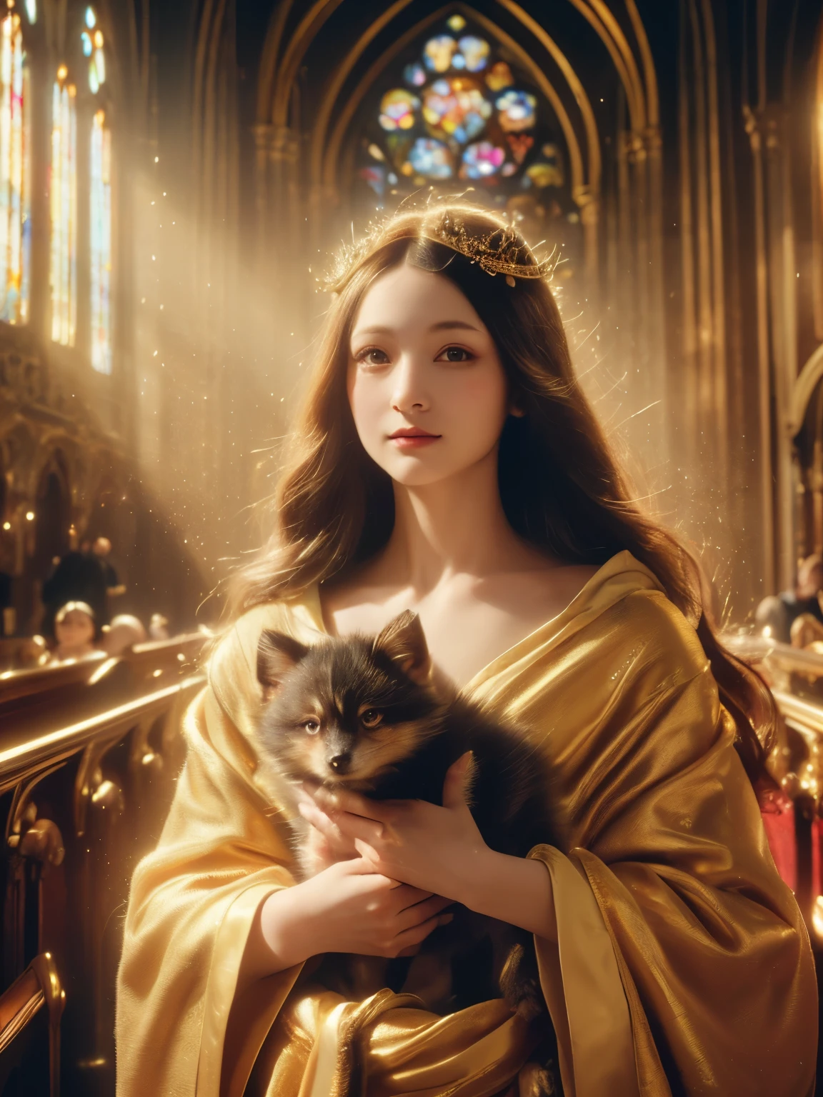 Mona Lisa, Pale color(Fantasy sister, Gold decorative robe, pray, church)Super exquisite illustrations(Multicolored Glass, Volumetric lighting backlight good lighting, Colorful refraction)depth of field(Very detailed beautiful face and eyes)perfect anatomy(Angelic cute 1boy)(Furry orcs)(Fur covered body animal facial features animal body features)(Animal muzzle with highly detailed fur)chibi whole body