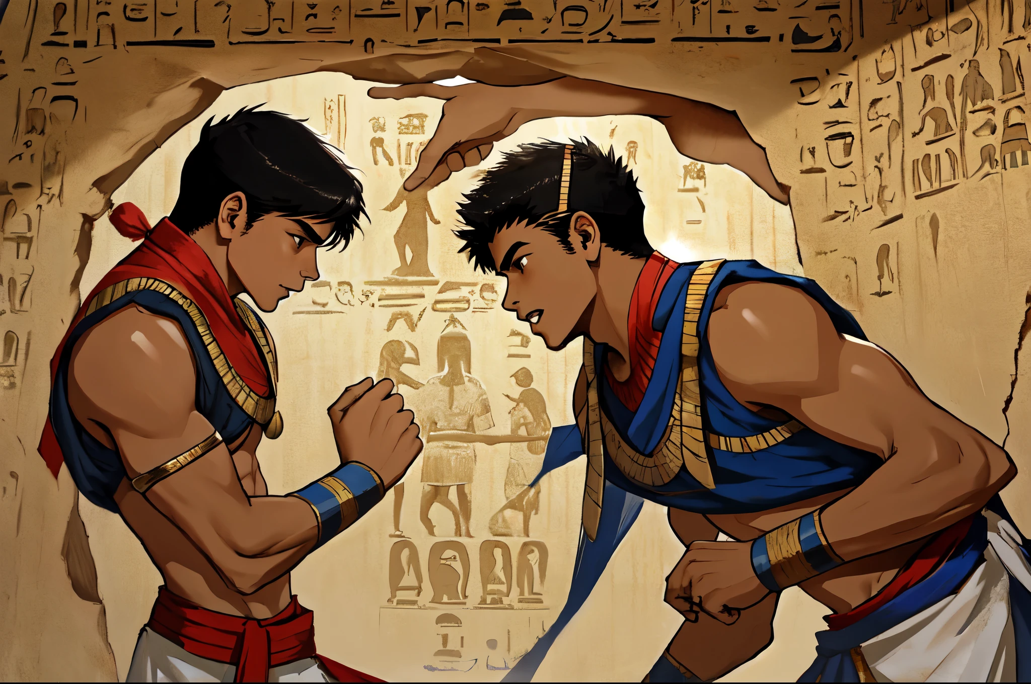 There are two cute boys fighting in a school in ancient Egypt. They are . They are hitting each other. They are in ancient Egypt.