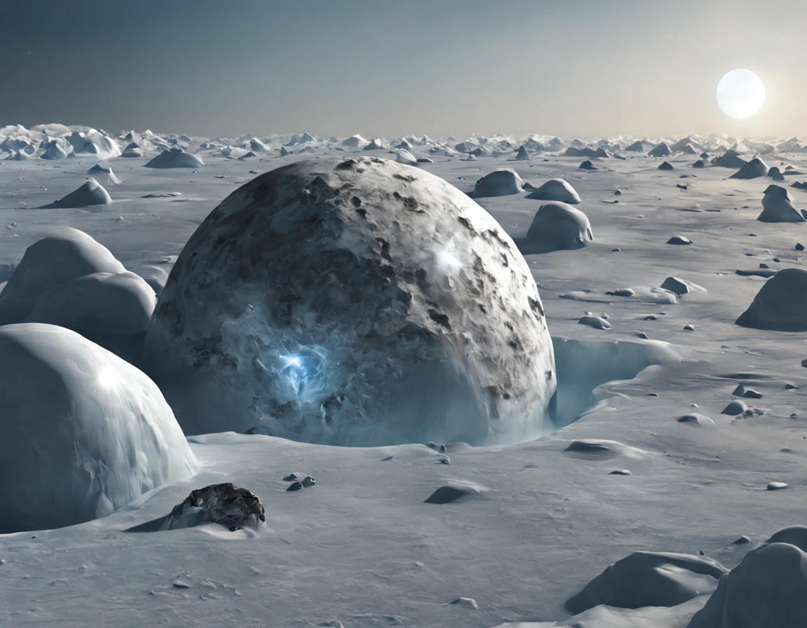 Ice planet, distant view, small floating meteorite, science fantastic image, highest quality image.