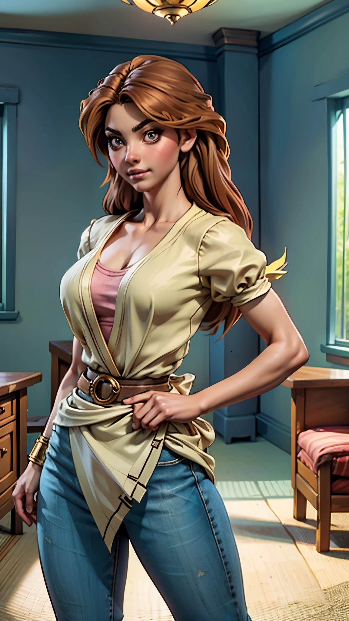 A woman with light brown long hair, a delicate face, a blank look in her eyes, a slender and firm dancer's figure, a fantasy-realistic style outfit, she ties a French shirt at her chest, revealing her graceful waistline, she wears tight jeans on her lower body, a flowing skirt is gracefully tied around her waist, she walks leisurely in a fantasy-style town, this character embodies a finely crafted fantasy-realistic style female dancer in anime style, exquisite and mature manga art style, beautiful woman, high definition, best quality, highres, ultra-detailed, ultra-fine painting, extremely delicate, professional, anatomically correct, symmetrical face, extremely detailed eyes and face, high quality eyes, creativity, RAW photo, UHD, 8k, Natural light, cinematic lighting, masterpiece-anatomy-perfect, masterpiece:1.5