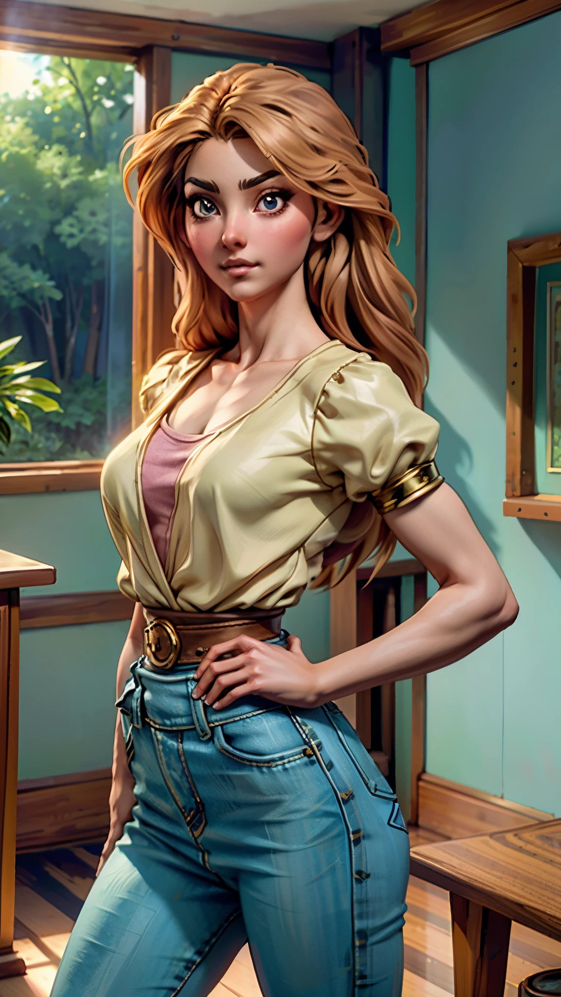 A woman with light brown long hair, a delicate face, a blank look in her eyes, a slender and firm dancer's figure, a fantasy-realistic style outfit, she ties a French shirt at her chest, revealing her graceful waistline, she wears tight jeans on her lower body, a flowing skirt is gracefully tied around her waist, she walks leisurely in a fantasy-style town, this character embodies a finely crafted fantasy-realistic style female dancer in anime style, exquisite and mature manga art style, beautiful woman, high definition, best quality, highres, ultra-detailed, ultra-fine painting, extremely delicate, professional, anatomically correct, symmetrical face, extremely detailed eyes and face, high quality eyes, creativity, RAW photo, UHD, 8k, Natural light, cinematic lighting, masterpiece-anatomy-perfect, masterpiece:1.5