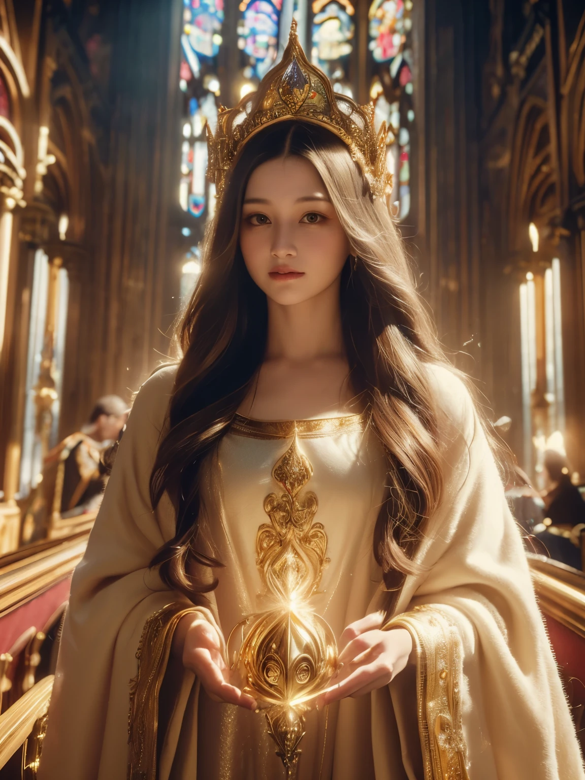 Mona Lisa, Pale color(Fantasy sister, Gold decorative robe, pray, church)Super exquisite illustrations(Multicolored Glass, Volumetric lighting backlight good lighting, Colorful refraction)depth of field(Very detailed beautiful face and eyes)perfect anatomy(Angelic cute 1boy)(Furry orcs)(Fur covered body animal facial features animal body features)(Animal muzzle with highly detailed fur)chibi whole body