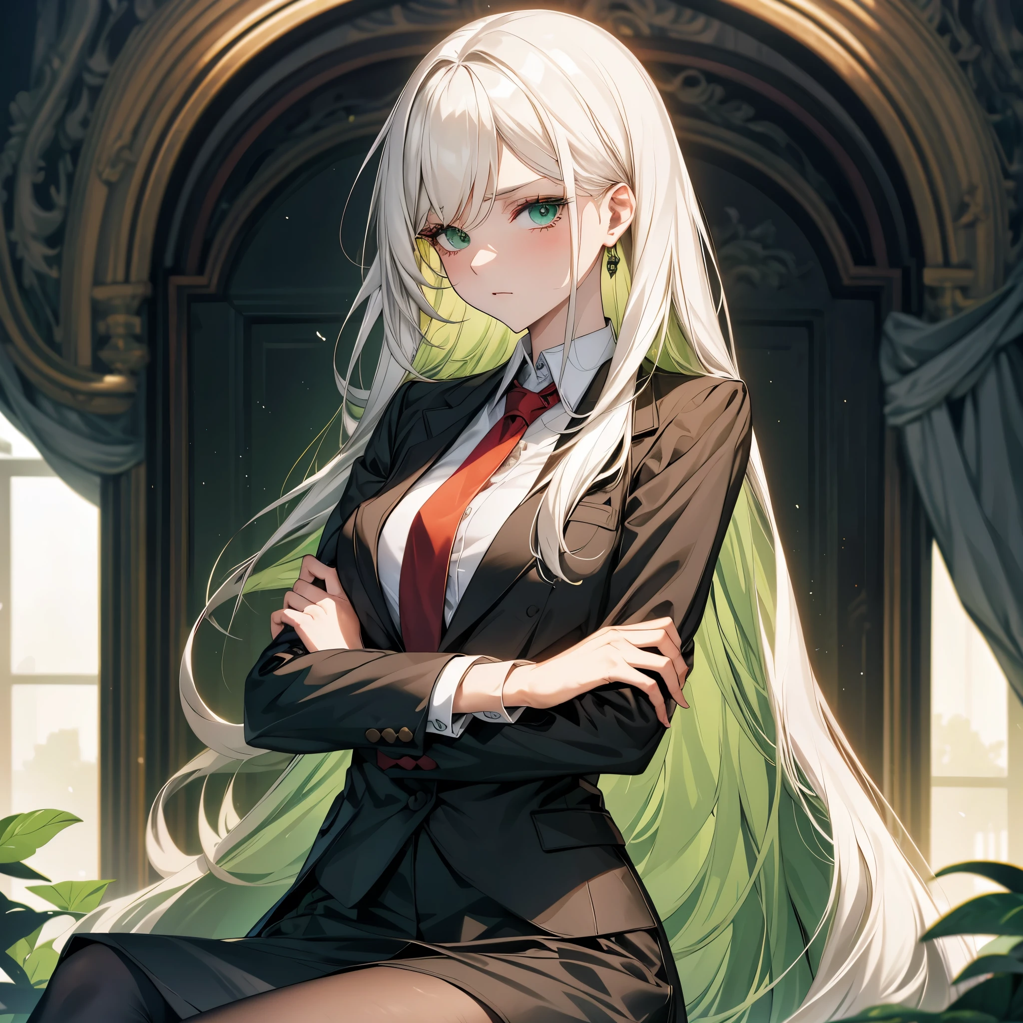A pretty beautiful lady, green forest eyes and white hair, long hair, "White buttoned shirt", "Black blazer with a school logo", "Stockings", "Red necktie", crossing her arms and looking at you in annoyance, a human, modern era, daylight, school, close up.