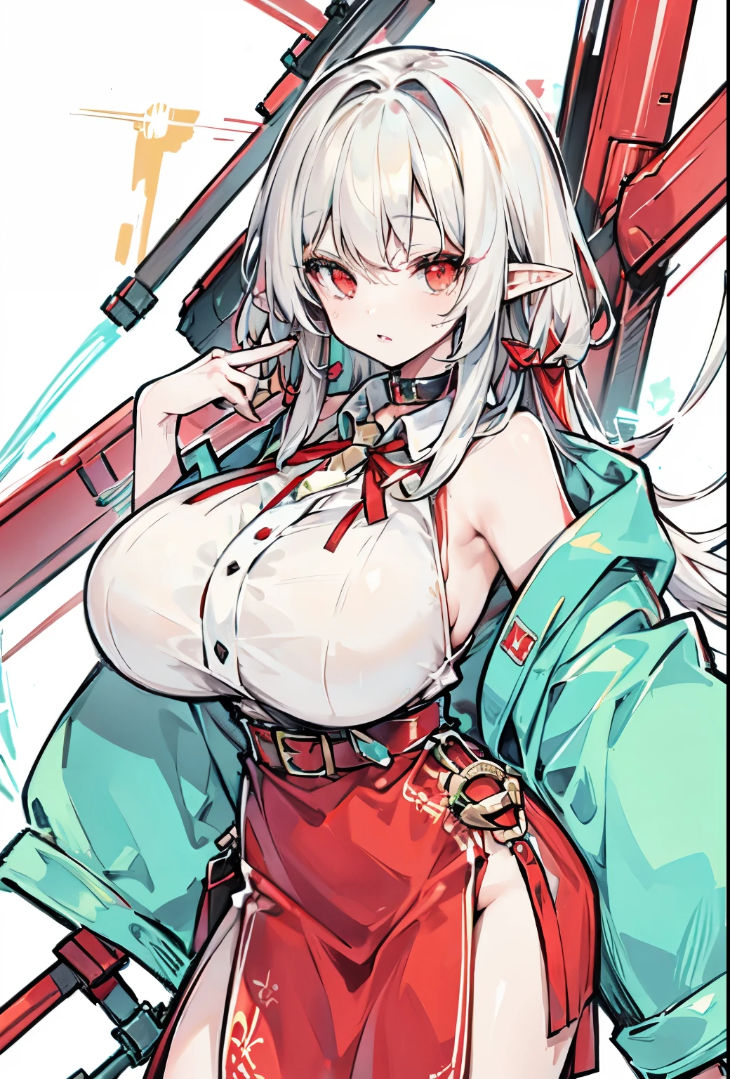 (tanned elf girl:1.2), (white_hair red_eyes) (open dress), (collar) (belts), (huge tits)