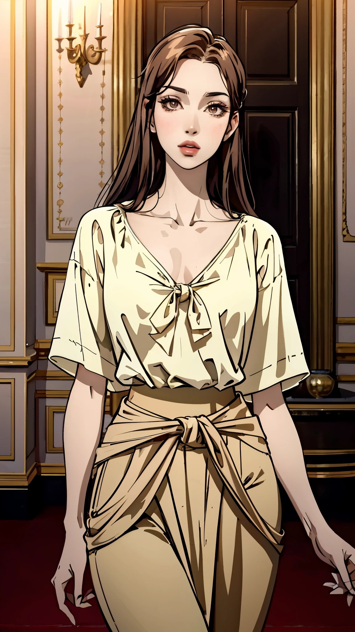 A woman with light brown long hair, a delicate face, a blank look in her eyes, a slender and firm dancer's figure, a fantasy-realistic style outfit, she ties a French shirt at her chest, revealing her graceful waistline, she wears tight jeans on her lower body, a flowing skirt is gracefully tied around her waist, she walks leisurely in a fantasy-style town, this character embodies a finely crafted fantasy-realistic style female dancer in anime style, exquisite and mature manga art style, beautiful woman, high definition, best quality, highres, ultra-detailed, ultra-fine painting, extremely delicate, professional, anatomically correct, symmetrical face, extremely detailed eyes and face, high quality eyes, creativity, RAW photo, UHD, 8k, Natural light, cinematic lighting, masterpiece-anatomy-perfect, masterpiece:1.5