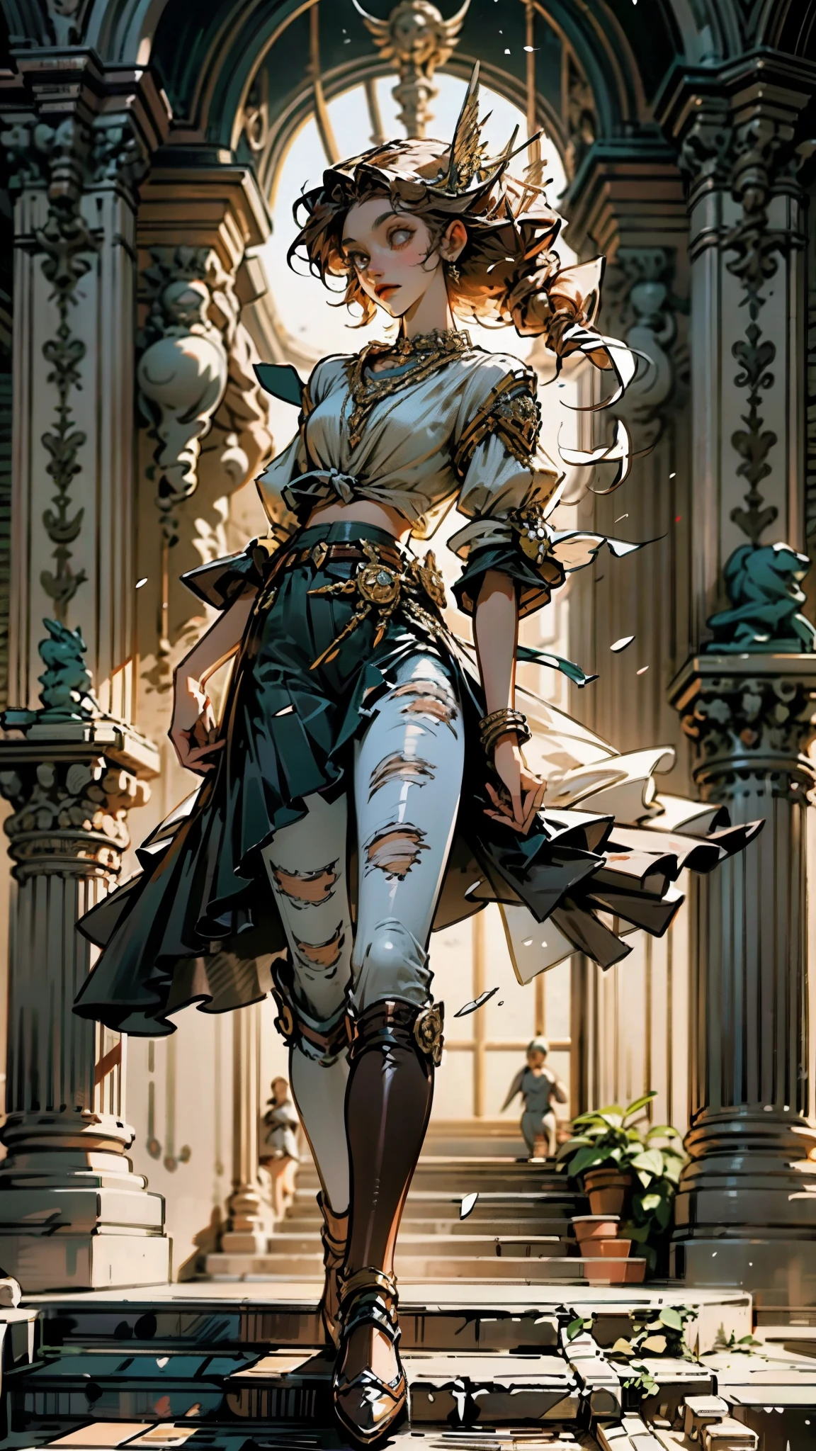A woman with light brown long hair, a delicate face, a blank look in her eyes, a slender and firm dancer's figure, a fantasy-realistic style outfit, she ties a French shirt at her chest, revealing her graceful waistline, she wears tight jeans on her lower body, a flowing skirt is gracefully tied around her waist, she walks leisurely in a fantasy-style town, this character embodies a finely crafted fantasy-realistic style female dancer in anime style, exquisite and mature manga art style, beautiful woman, high definition, best quality, highres, ultra-detailed, ultra-fine painting, extremely delicate, professional, anatomically correct, symmetrical face, extremely detailed eyes and face, high quality eyes, creativity, RAW photo, UHD, 8k, Natural light, cinematic lighting, masterpiece-anatomy-perfect, masterpiece:1.5