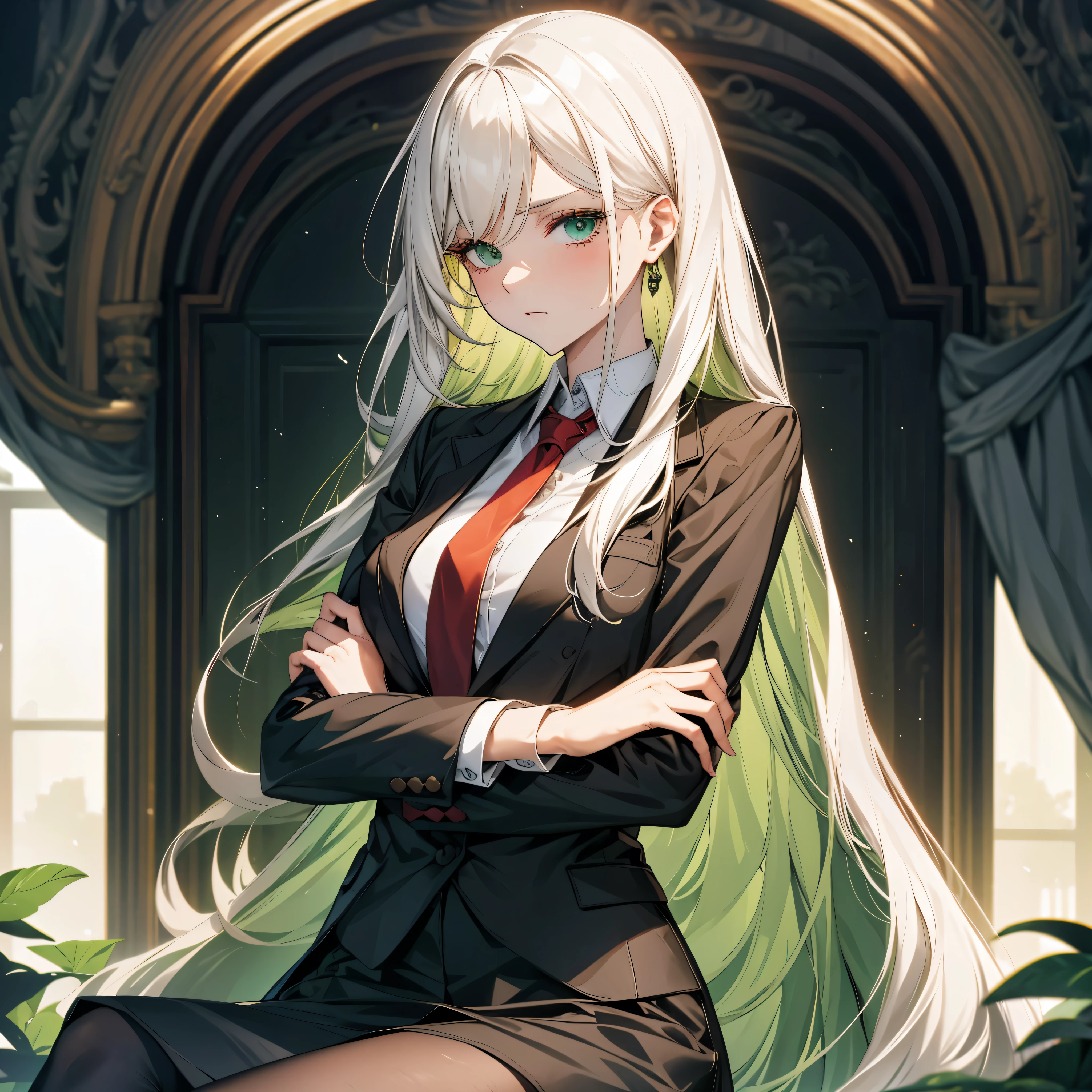 A pretty beautiful lady, green forest eyes and white hair, long hair, "White buttoned shirt", "Black blazer with a school logo", "Stockings", "Red necktie",  crossing her arms and looking at you in annoyance, a human, modern era, daylight, school, close up.