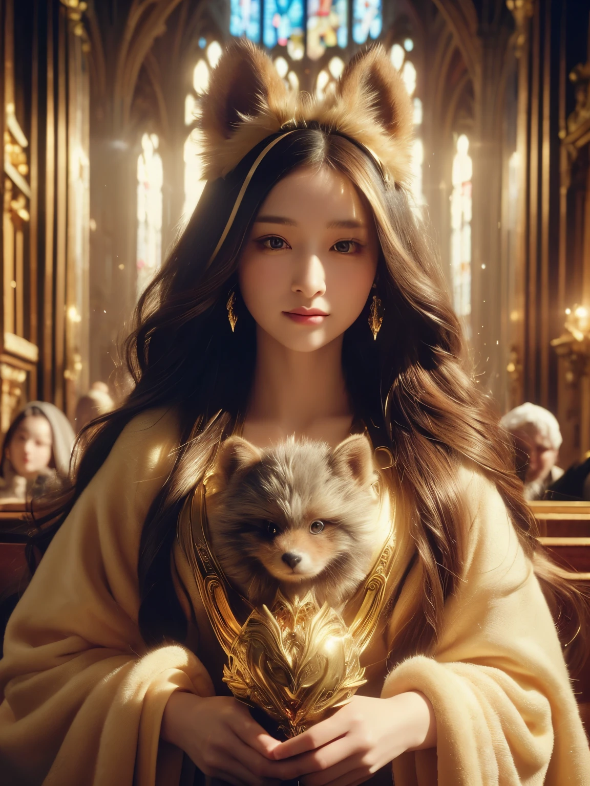 Mona Lisa, Pale color(Fantasy sister, Gold decorative robe, pray, church)Super exquisite illustrations(Multicolored Glass, Volumetric lighting backlight good lighting, Colorful refraction)depth of field(Very detailed beautiful face and eyes)perfect anatomy(Angelic cute 1boy)(Furry orcs)(Fur covered body animal facial features animal body features)(Animal muzzle with highly detailed fur)chibi whole body