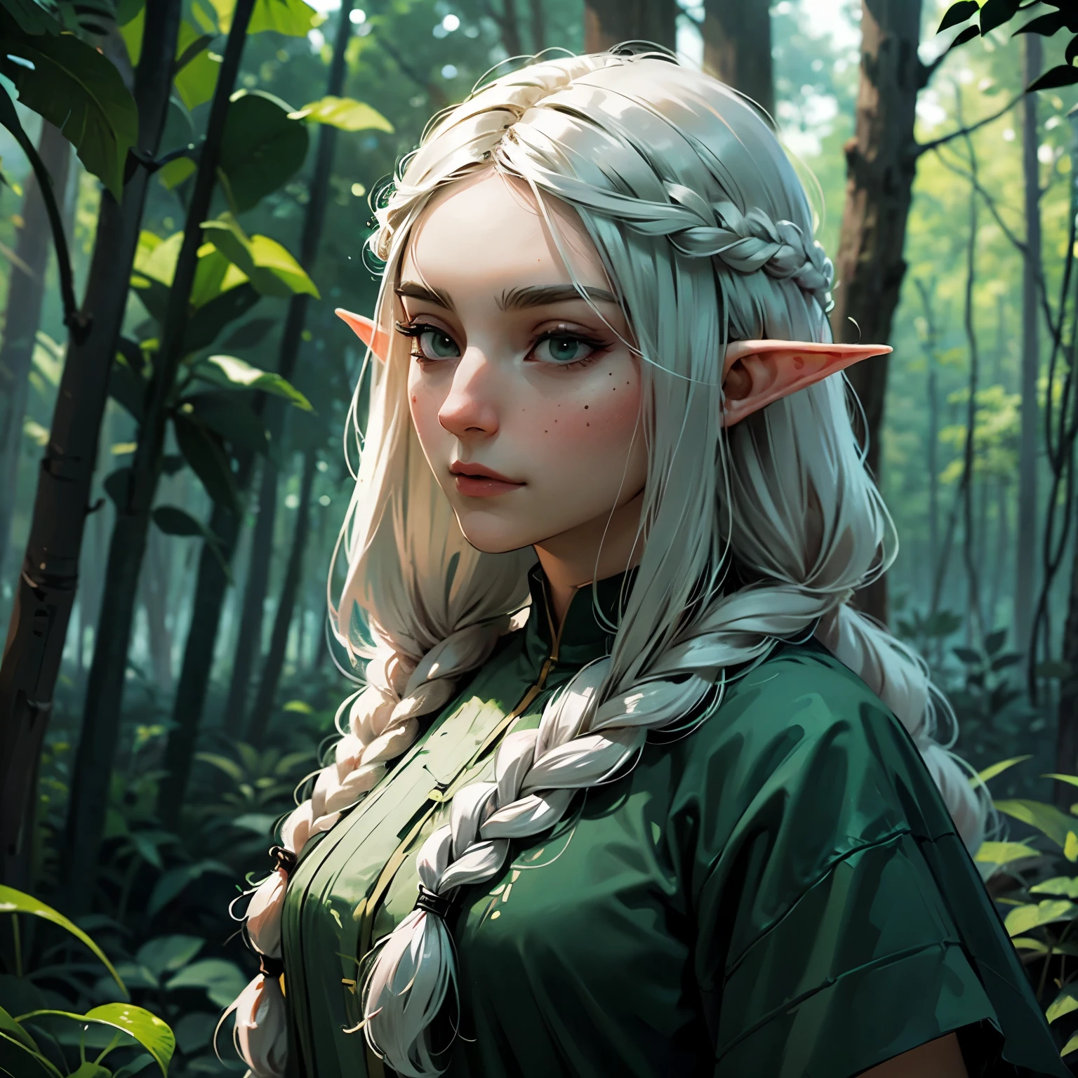 Female elf, long black hair, braided hair, green and white clothes, in a forest, fantasy character, round face