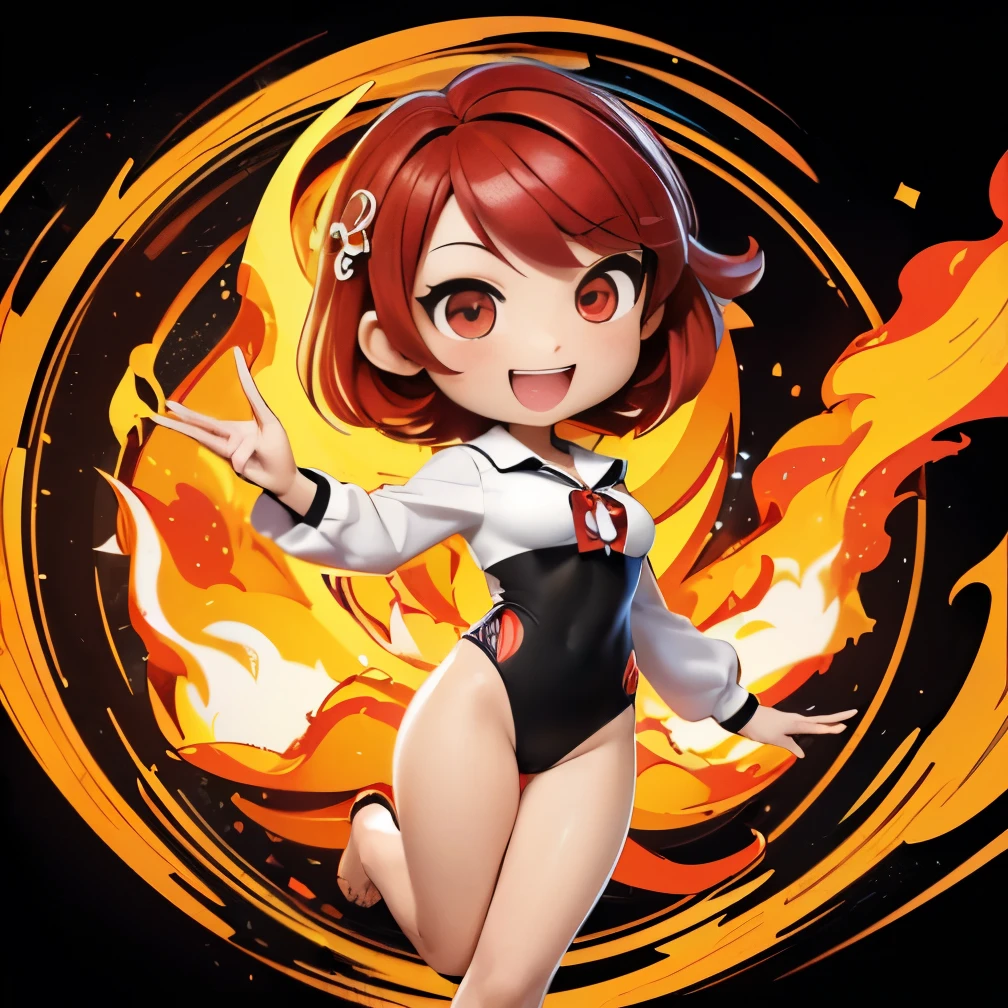 masterpiece, super high quality, ( ultra detailed original illustration), ((Chibi Mode)),(  happy expression, red eyes, short hair, smile, open your mouth,whole body, perfect body), ((Black high-leg swimsuit,white collared long sleeve blouse)), ((Hana Sakura)(graffiti)), double exposure, Fusion of fluid abstract art, glitch, ( 2D), ( original illustration composition), ( fusion of limited color, maximalism art style, geometric artstyle, fire, junk art), Yellow theme, Background Black