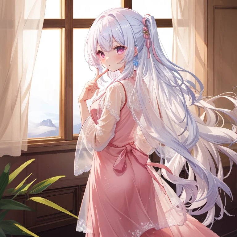 best quality,masterpiece,ultra high resolution,8K resolution,8k wallpaper, (((High quality finger shape))) ,
1 girl, alone, long hair, straight hair, indoor, window, Dunhuang pajamas, diaphragm, pink clothes, see through, depth of field, Put your arms behind your back,white hair，sexy pose
 