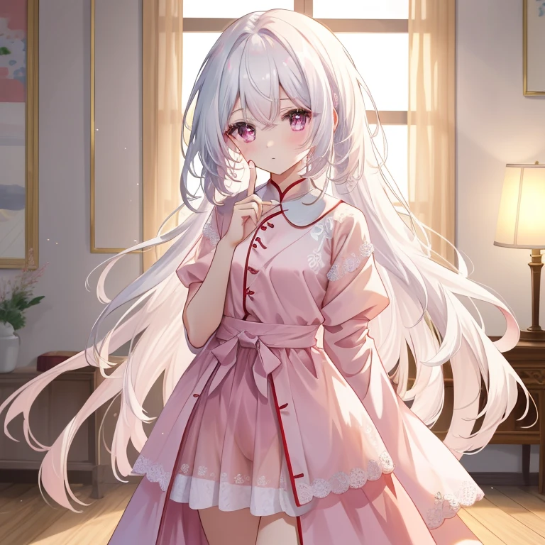 best quality,masterpiece,ultra high resolution,8K resolution,8k wallpaper, (((High quality finger shape))) ,
1 girl, alone, long hair, straight hair, indoor, window, Dunhuang pajamas, diaphragm, pink clothes, see through, depth of field, Put your arms behind your back,white hair，sexy pose
 