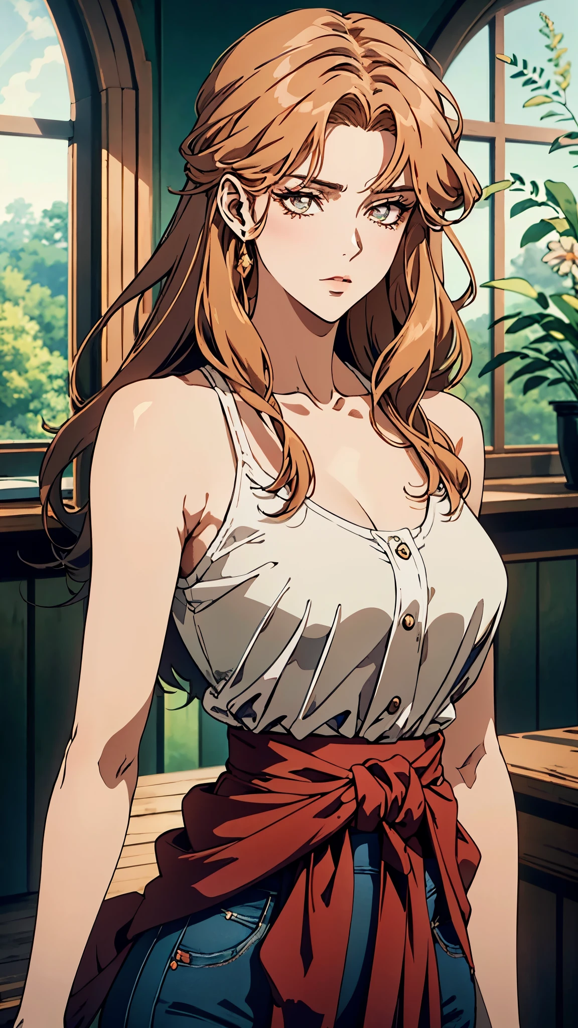 A woman with light brown long hair, a delicate face, a blank look in her eyes, a slender and firm dancer's figure, a fantasy-realistic style outfit, she ties a French shirt at her chest, revealing her graceful waistline, she wears tight jeans on her lower body, a flowing skirt is gracefully tied around her waist, she walks leisurely in a fantasy-style town, this character embodies a finely crafted fantasy-realistic style female dancer in anime style, exquisite and mature manga art style, beautiful woman, high definition, best quality, highres, ultra-detailed, ultra-fine painting, extremely delicate, professional, anatomically correct, symmetrical face, extremely detailed eyes and face, high quality eyes, creativity, RAW photo, UHD, 8k, Natural light, cinematic lighting, masterpiece-anatomy-perfect, masterpiece:1.5