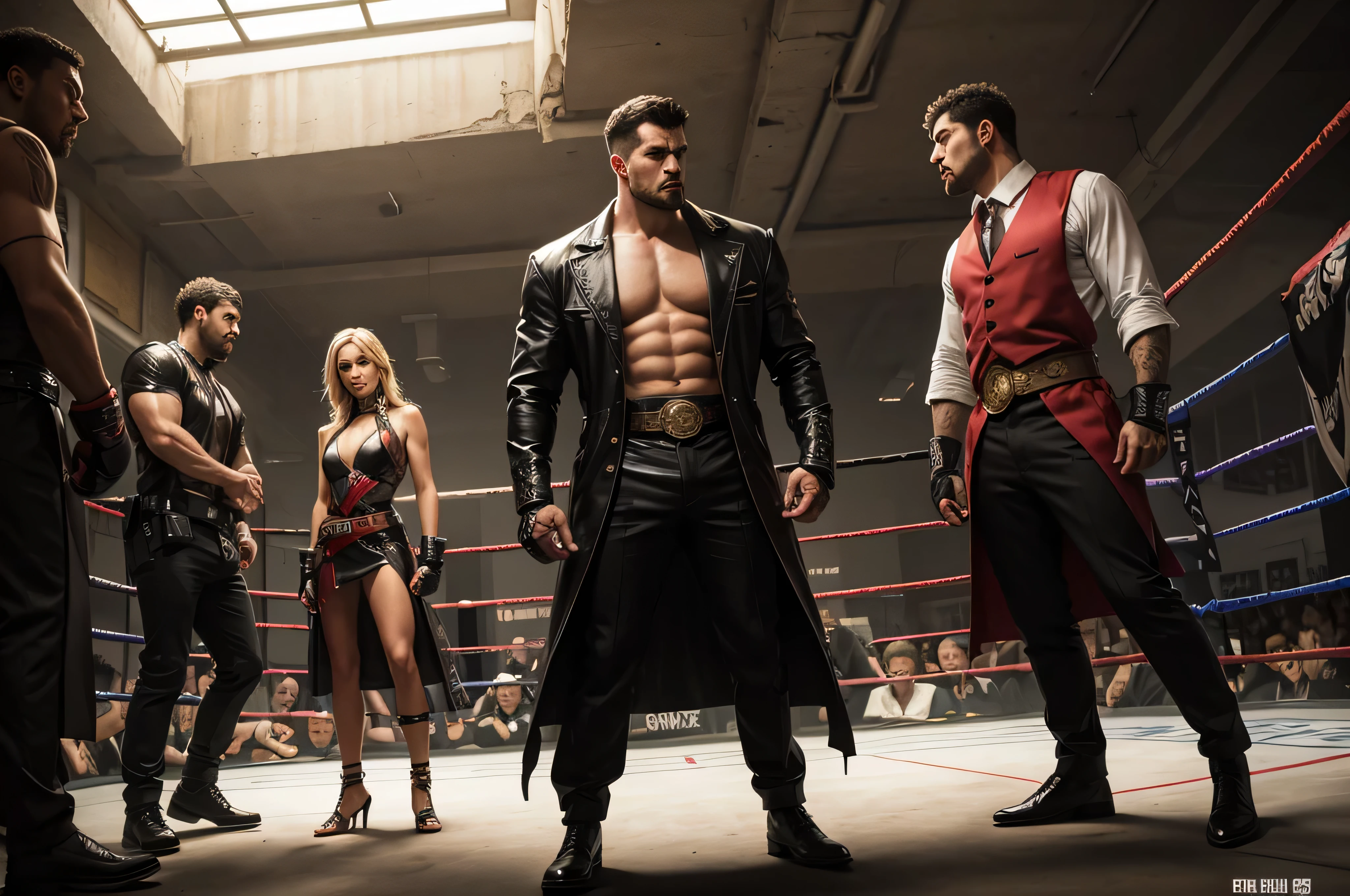 a well-dressed man introducing the fighters in an underground fighting ring (arte digital, arte de fantasia, Arte RPG)