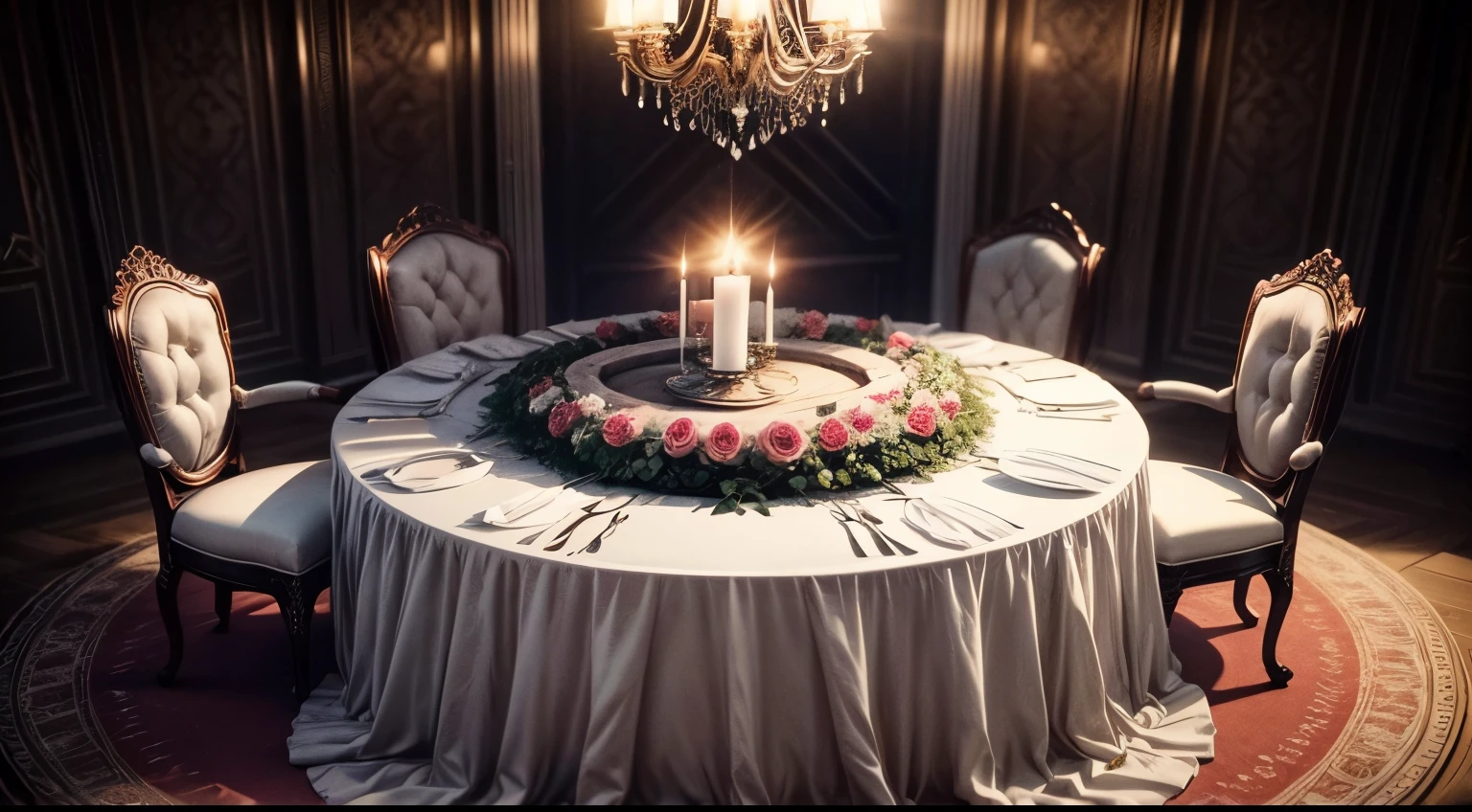 A two person dining table covered in roses, elegant circular dining table with grilled beef ribs, front view, candles, dropped rose vases, white sheets, masterpiece, high-quality, illustrated, dining table facing the audience