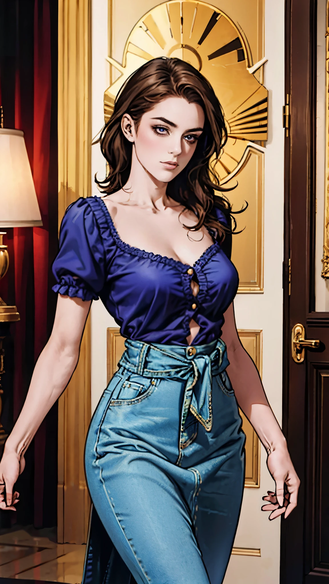 A woman with light brown long hair, a delicate face, a blank look in her eyes, a slender and firm dancer's figure, a fantasy-realistic style outfit, she ties a French shirt at her chest, revealing her graceful waistline, she wears tight jeans on her lower body, a flowing skirt is gracefully tied around her waist, she walks leisurely in a fantasy-style town, this character embodies a finely crafted fantasy-realistic style female dancer in anime style, exquisite and mature manga art style, beautiful woman, high definition, best quality, highres, ultra-detailed, ultra-fine painting, extremely delicate, professional, anatomically correct, symmetrical face, extremely detailed eyes and face, high quality eyes, creativity, RAW photo, UHD, 8k, Natural light, cinematic lighting, masterpiece-anatomy-perfect, masterpiece:1.5