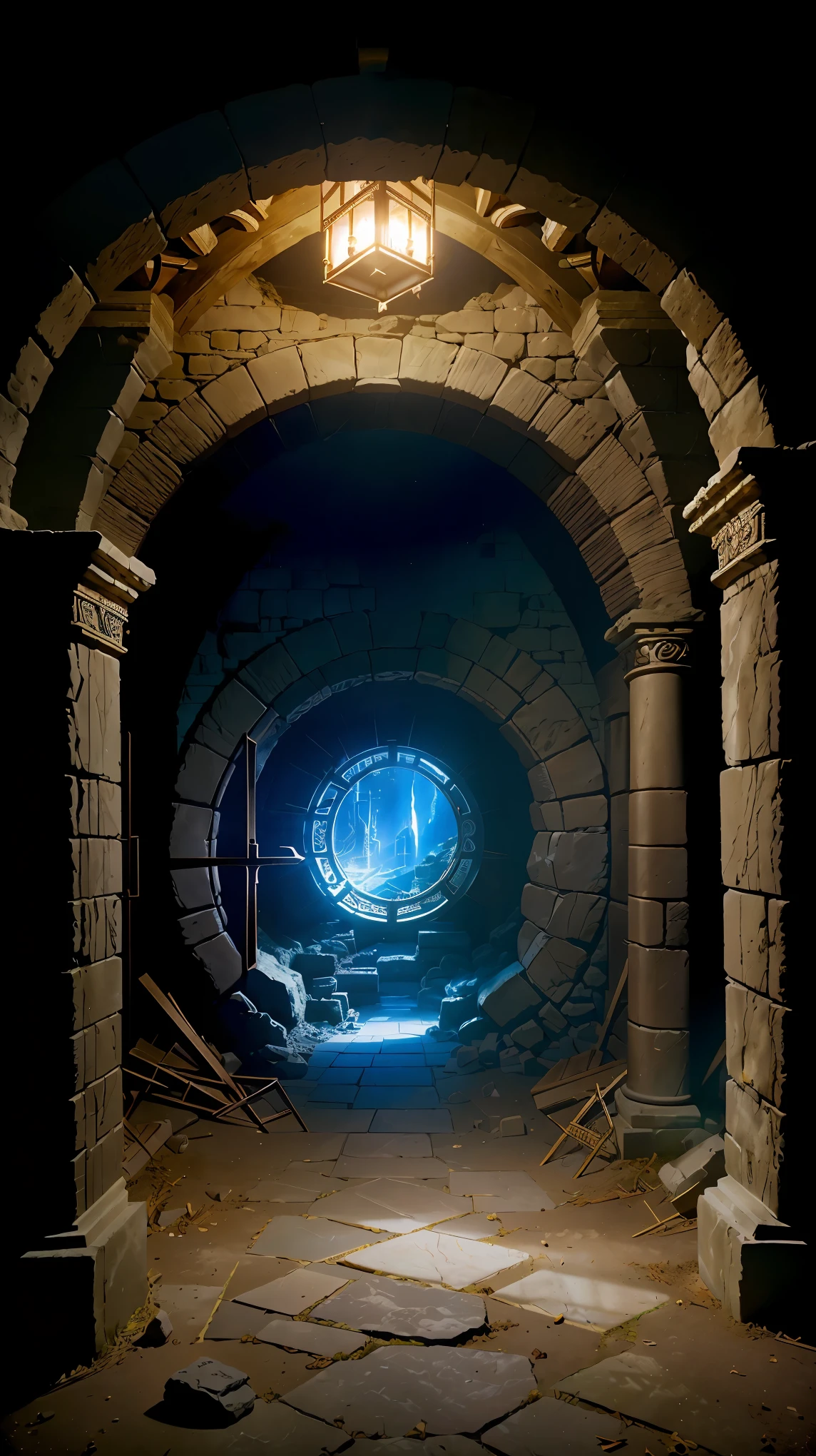 (highest quality、4k、High resolution:1.2), deep inside ancient ruins, forgotten burial chamber, old utensils, trace of magic circle, An unusual mechanical round gate, gate of time, Oparts, Dusty room, There&#39;s almost no light, Lantern light, Mechanical gate with a slight glow, cross eternal time, Spatial distortion, mysterious aura, Hidden secrets,fantasy art,