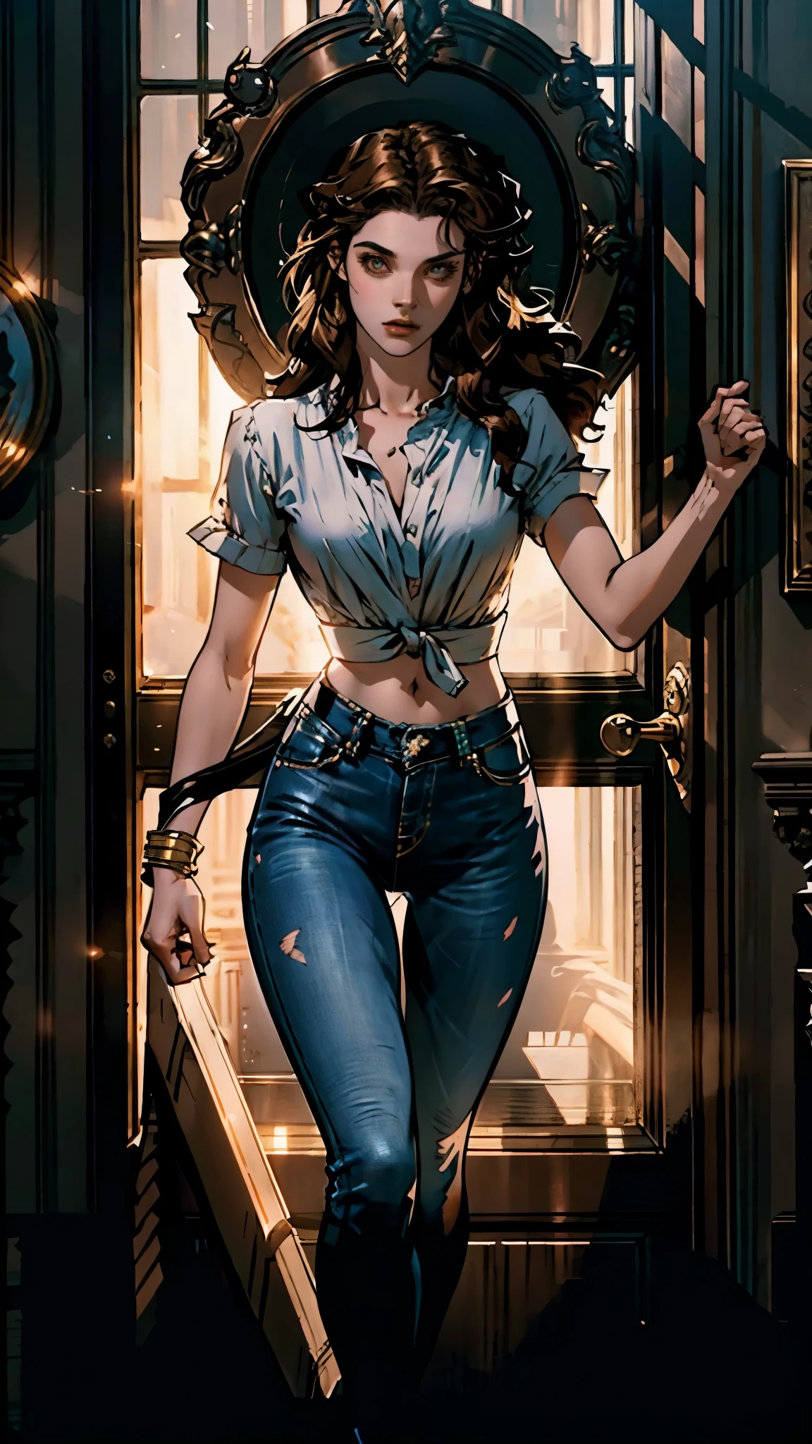 A woman with light brown long hair, a delicate face, a blank look in her eyes, a slender and firm dancer's figure, a fantasy-realistic style outfit, she ties a French shirt at her chest, revealing her graceful waistline, she wears tight jeans on her lower body, a flowing skirt is gracefully tied around her waist, she walks leisurely in a fantasy-style town, this character embodies a finely crafted fantasy-realistic style female dancer in anime style, exquisite and mature manga art style, beautiful woman, high definition, best quality, highres, ultra-detailed, ultra-fine painting, extremely delicate, professional, anatomically correct, symmetrical face, extremely detailed eyes and face, high quality eyes, creativity, RAW photo, UHD, 8k, Natural light, cinematic lighting, masterpiece-anatomy-perfect, masterpiece:1.5