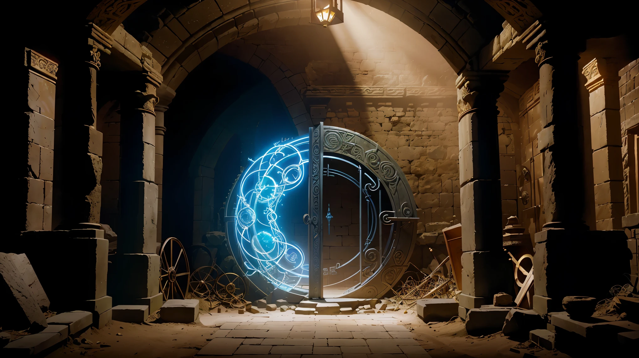 (highest quality、4k、High resolution:1.2), deep inside ancient ruins, forgotten burial chamber, old utensils, trace of magic circle, An unusual mechanical round gate, gate of time, Oparts, Dusty room, There&#39;s almost no light, Lantern light, Mechanical gate with a slight glow, cross eternal time, Spatial distortion, mysterious aura, Hidden secrets,fantasy art,