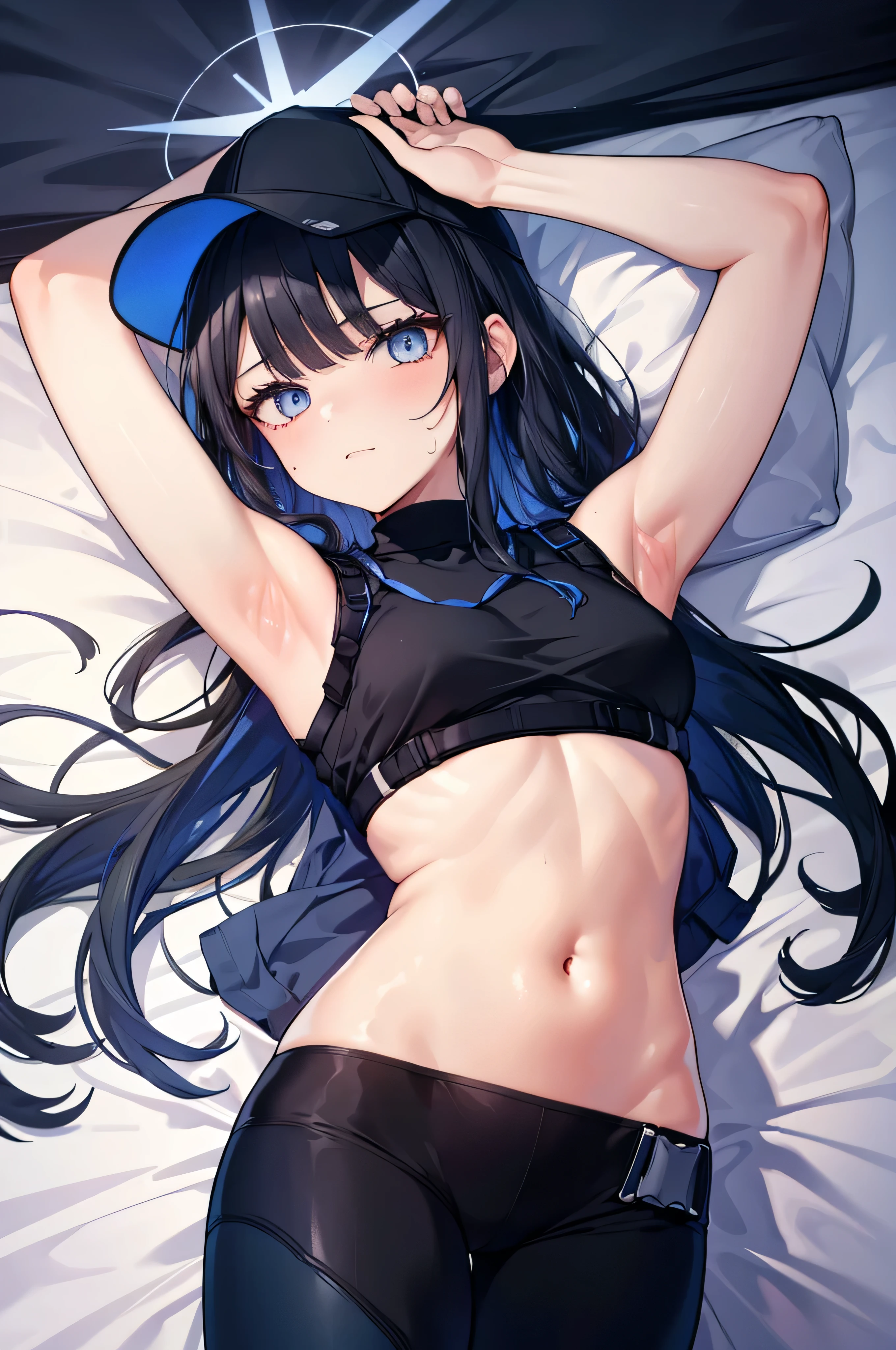 masterpiece,extremely detailed,1girl,solo,(saori \(blue archive\):1.15),(mouth mask),(sprawled on bed:1.1),detailed sparkling eyes looking at camera,bedazzling eyes watching you,sexy stretch,detailed close up on abdomen,(visible hip bones),bare stomach gleaming with sweat,(zoom in on navel),exposed hips,(long midriff:1.2),extremely detailed midriff,sexy tummy,bare stomach,hands overhead,arms raised all the way up,exposed hip bones,beautiful blue eyes watching you in disappointment,(black pants pulled down below waist:1.2),black crop top,armpit,long hair,black hair,black baseball cap,halo,underboob,white background,cinematic glitter,high res,4K,high quality,trending on pixiv