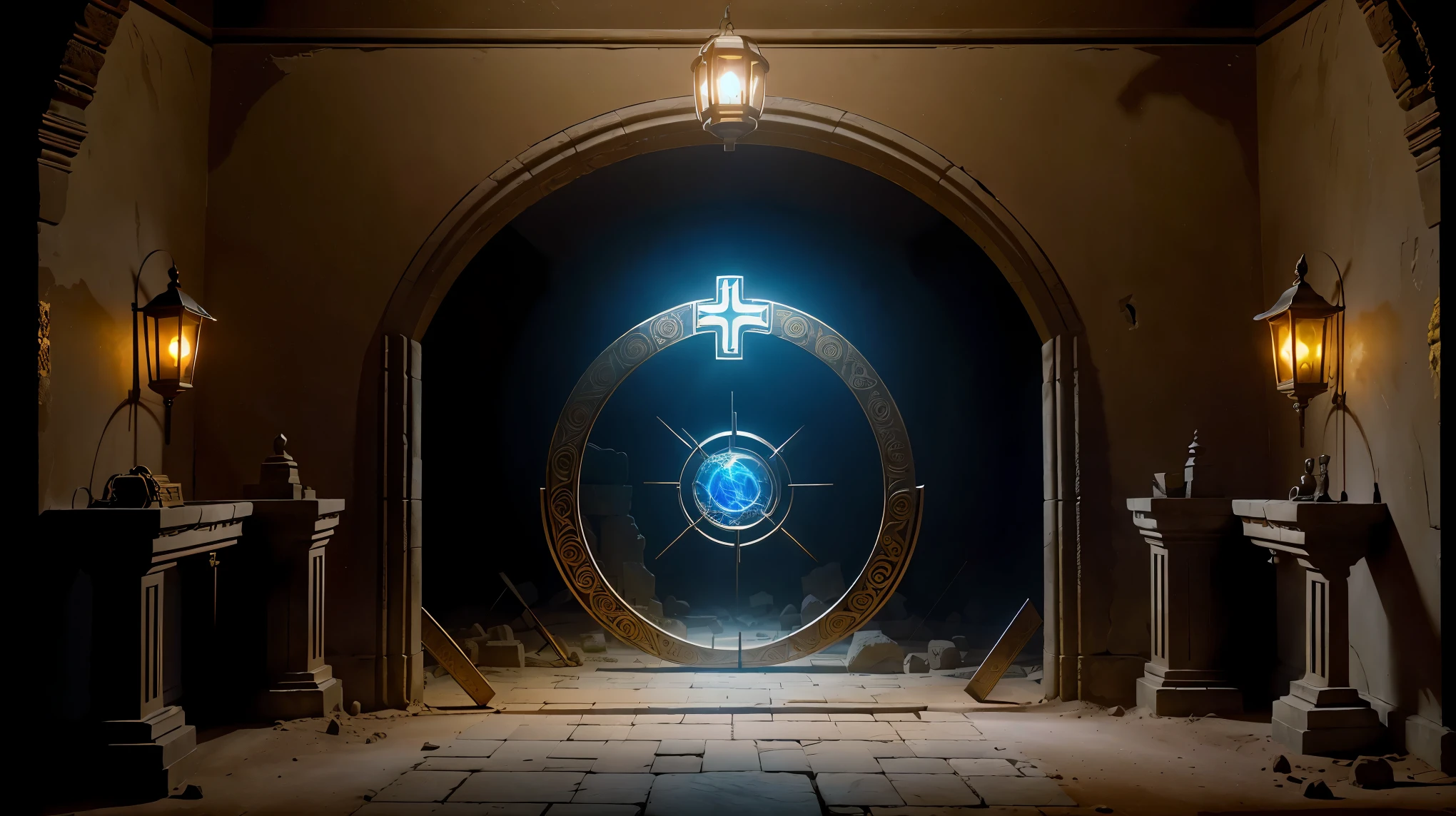 (highest quality、4k、High resolution:1.2), deep inside ancient ruins, forgotten burial chamber, old utensils, trace of magic circle, An unusual mechanical round gate, gate of time, Oparts, Dusty room, There&#39;s almost no light, Lantern light, Mechanical gate with a slight glow, cross eternal time, Spatial distortion, mysterious aura, Hidden secrets,fantasy art,