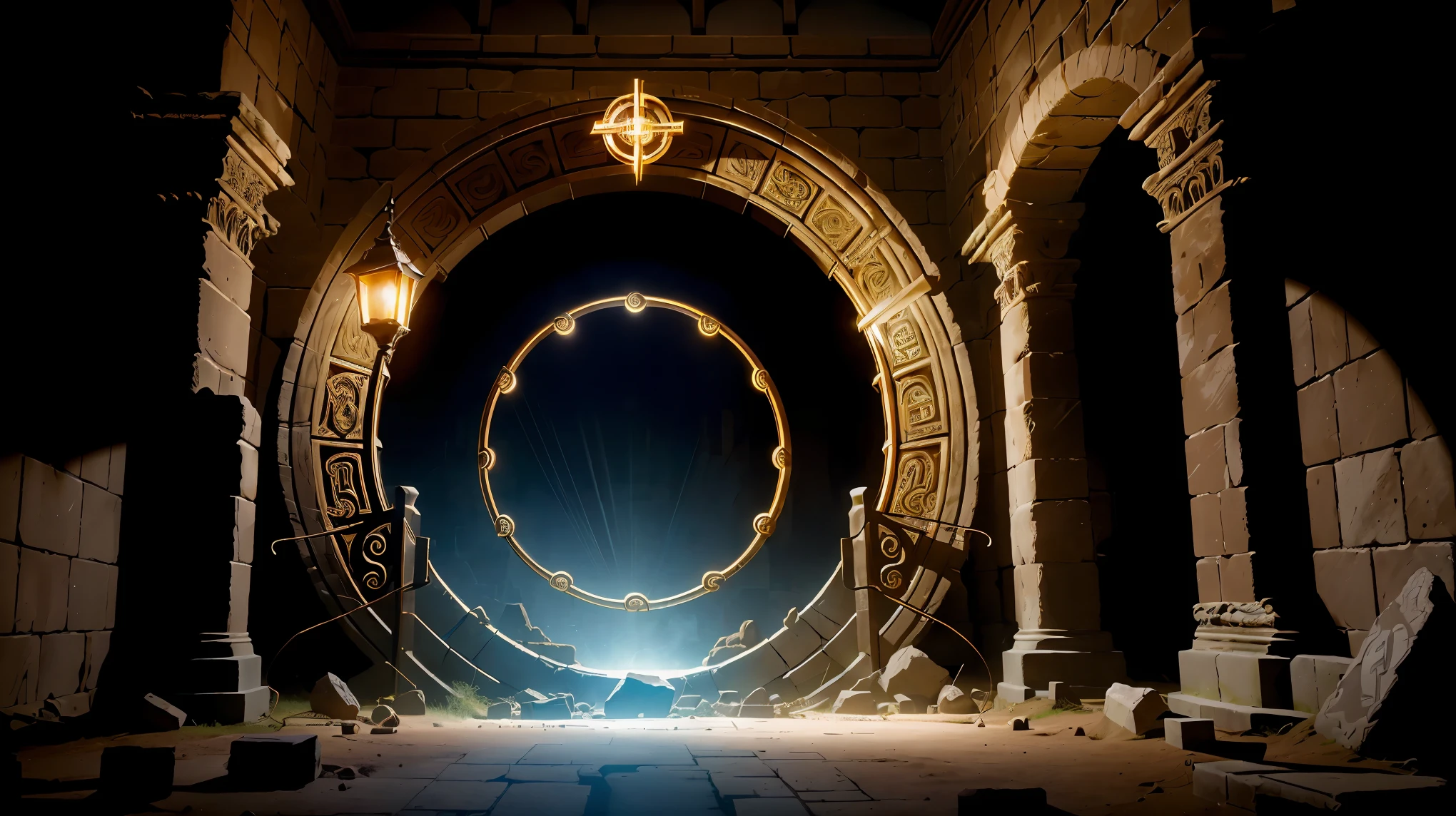 (highest quality、4k、High resolution:1.2), deep inside ancient ruins, forgotten burial chamber, old utensils, trace of magic circle, An unusual mechanical round gate, gate of time, Oparts, Dusty room, There's almost no light, Lantern light, Mechanical gate with a slight glow, cross eternal time, Spatial distortion, mysterious aura, Hidden secrets,fantasy art,