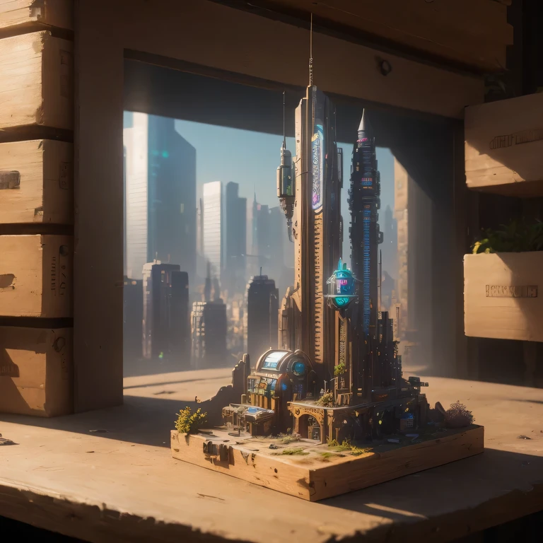small realistic model, (8k, original photo, best quality, masterpiece:1.4),Steampunk Cyberpunk City,(Cyberpunk light:1.3),on the table,horizon (related to land),(in a small nature box:1.3),Isometric, small nature, landscape on foundation,landscape,