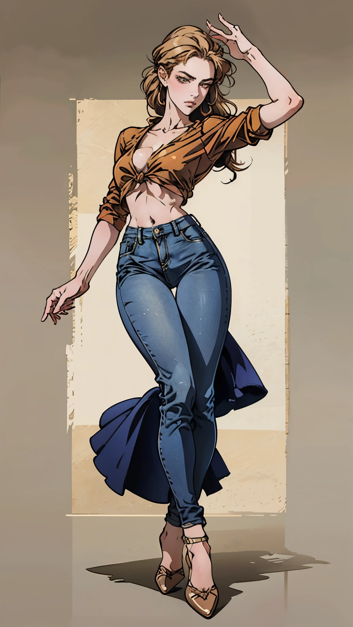 A woman with light brown long hair, a delicate face, a blank look in her eyes, a slender and firm dancer's figure, a fantasy-realistic style outfit, she ties a French shirt at her chest, revealing her graceful waistline, she wears tight jeans on her lower body, a flowing skirt is gracefully tied around her waist, she walks leisurely in a fantasy-style town, this character embodies a finely crafted fantasy-realistic style female dancer in anime style, exquisite and mature manga art style, beautiful woman, high definition, best quality, highres, ultra-detailed, ultra-fine painting, extremely delicate, professional, anatomically correct, symmetrical face, extremely detailed eyes and face, high quality eyes, creativity, RAW photo, UHD, 8k, Natural light, cinematic lighting, masterpiece-anatomy-perfect, masterpiece:1.5