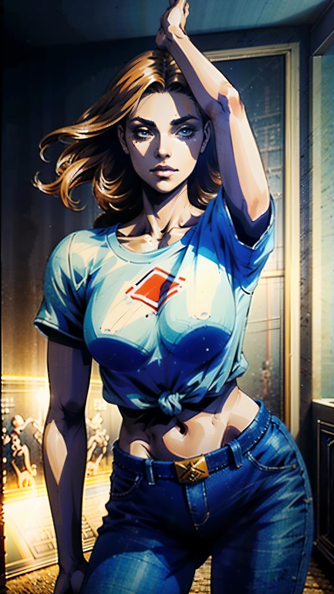 A woman with light brown long hair, a delicate face, a blank look in her eyes, a slender and firm dancer's figure, a fantasy-realistic style outfit, she ties a French shirt at her chest, revealing her graceful waistline, she wears tight jeans on her lower body, a flowing skirt is gracefully tied around her waist, she walks leisurely in a fantasy-style town, this character embodies a finely crafted fantasy-realistic style female dancer in anime style, exquisite and mature manga art style, beautiful woman, high definition, best quality, highres, ultra-detailed, ultra-fine painting, extremely delicate, professional, anatomically correct, symmetrical face, extremely detailed eyes and face, high quality eyes, creativity, RAW photo, UHD, 8k, Natural light, cinematic lighting, masterpiece-anatomy-perfect, masterpiece:1.5