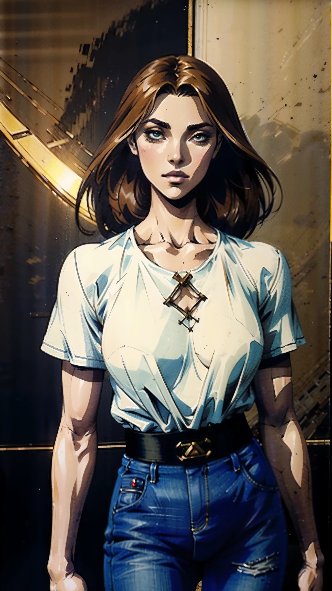 A woman with light brown long hair, a delicate face, a blank look in her eyes, a slender and firm dancer's figure, a fantasy-realistic style outfit, she ties a French shirt at her chest, revealing her graceful waistline, she wears tight jeans on her lower body, a flowing skirt is gracefully tied around her waist, she walks leisurely in a fantasy-style town, this character embodies a finely crafted fantasy-realistic style female dancer in anime style, exquisite and mature manga art style, beautiful woman, high definition, best quality, highres, ultra-detailed, ultra-fine painting, extremely delicate, professional, anatomically correct, symmetrical face, extremely detailed eyes and face, high quality eyes, creativity, RAW photo, UHD, 8k, Natural light, cinematic lighting, masterpiece-anatomy-perfect, masterpiece:1.5