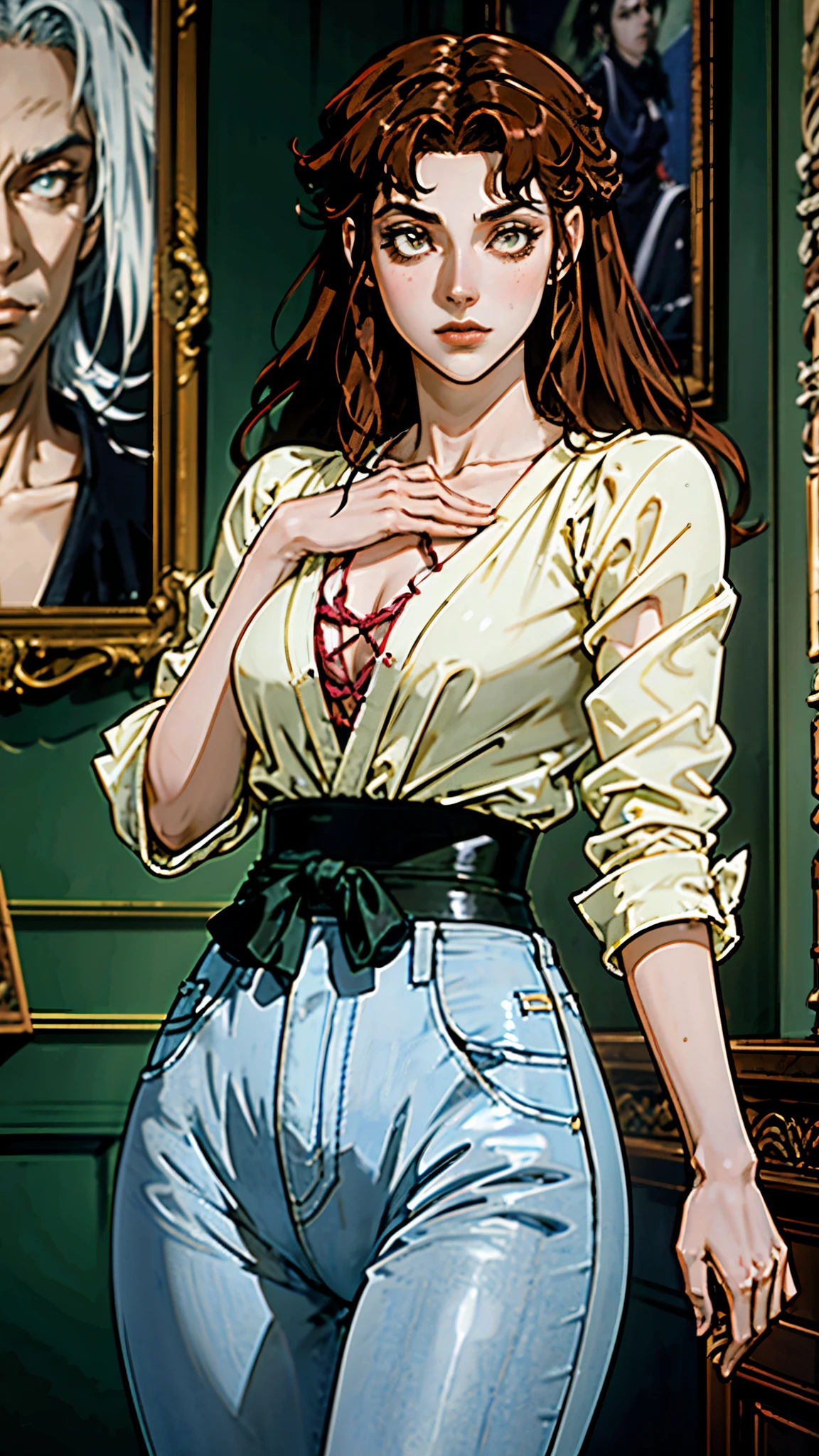 A woman with light brown long hair, a delicate face, a blank look in her eyes, a slender and firm dancer's figure, a fantasy-realistic style outfit, she ties a French shirt at her chest, revealing her graceful waistline, she wears tight jeans on her lower body, a flowing skirt is gracefully tied around her waist, she walks leisurely in a fantasy-style town, this character embodies a finely crafted fantasy-realistic style female dancer in anime style, exquisite and mature manga art style, beautiful woman, high definition, best quality, highres, ultra-detailed, ultra-fine painting, extremely delicate, professional, anatomically correct, symmetrical face, extremely detailed eyes and face, high quality eyes, creativity, RAW photo, UHD, 8k, Natural light, cinematic lighting, masterpiece-anatomy-perfect, masterpiece:1.5