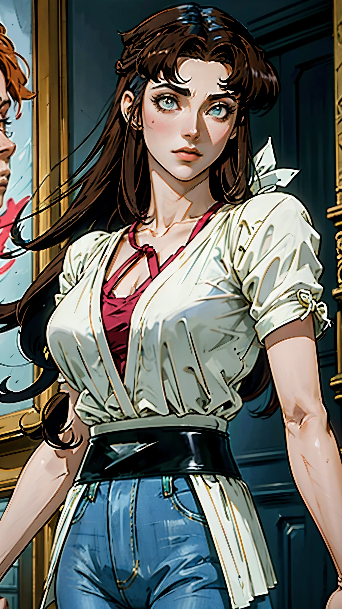 A woman with light brown long hair, a delicate face, a blank look in her eyes, a slender and firm dancer's figure, a fantasy-realistic style outfit, she ties a French shirt at her chest, revealing her graceful waistline, she wears tight jeans on her lower body, a flowing skirt is gracefully tied around her waist, she walks leisurely in a fantasy-style town, this character embodies a finely crafted fantasy-realistic style female dancer in anime style, exquisite and mature manga art style, beautiful woman, high definition, best quality, highres, ultra-detailed, ultra-fine painting, extremely delicate, professional, anatomically correct, symmetrical face, extremely detailed eyes and face, high quality eyes, creativity, RAW photo, UHD, 8k, Natural light, cinematic lighting, masterpiece-anatomy-perfect, masterpiece:1.5
